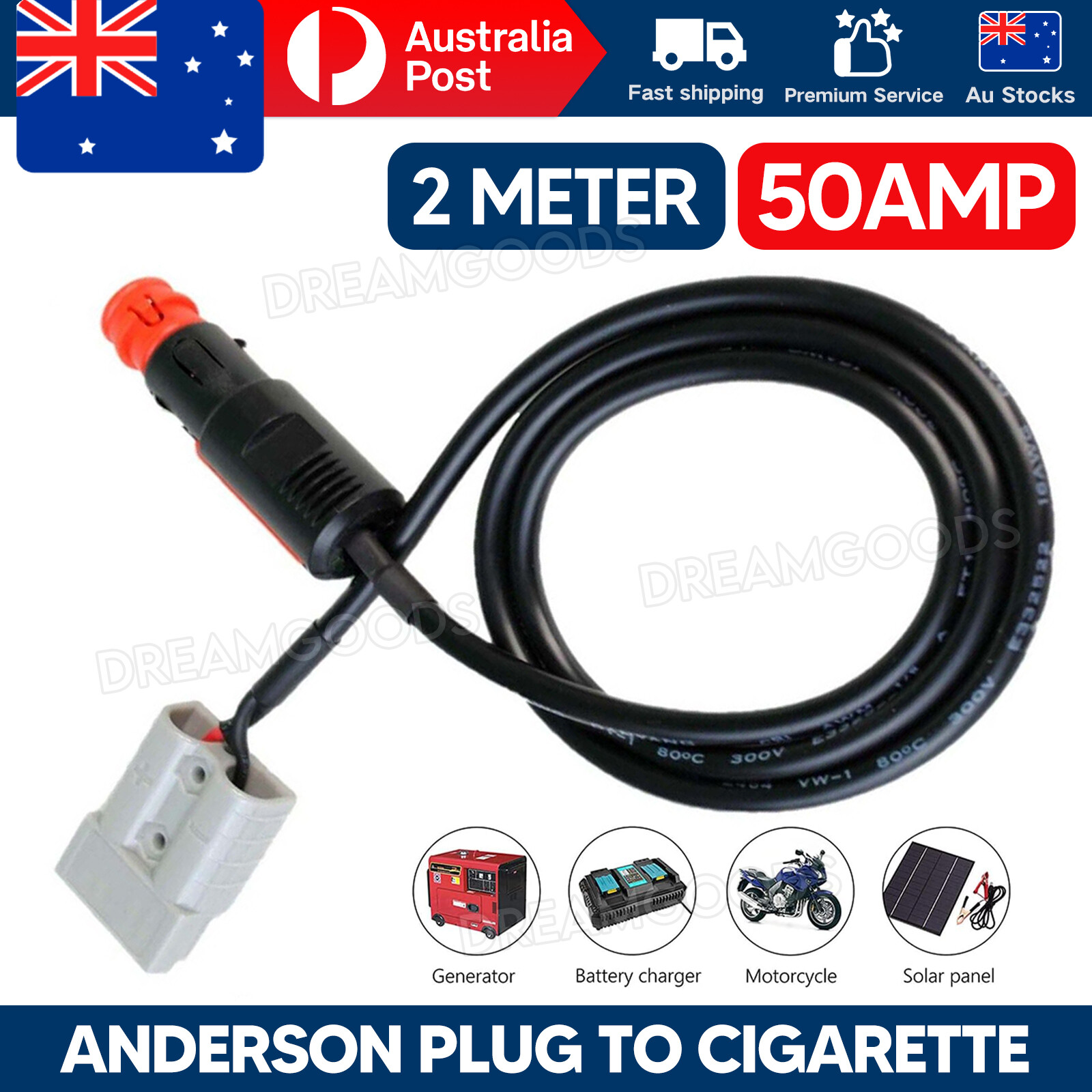 Anderson 50AMP Plug to Male Cigarette Socket Connector 12V 2M 16 AWG Cable