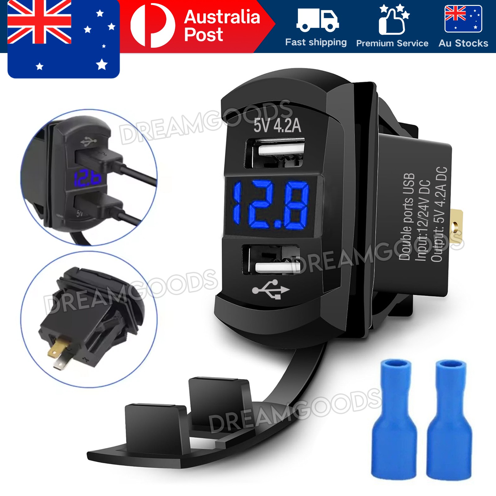 12V 24V Dual USB Charger Voltmeter Rocker Switch Panel Blue LED Socket Car Boat