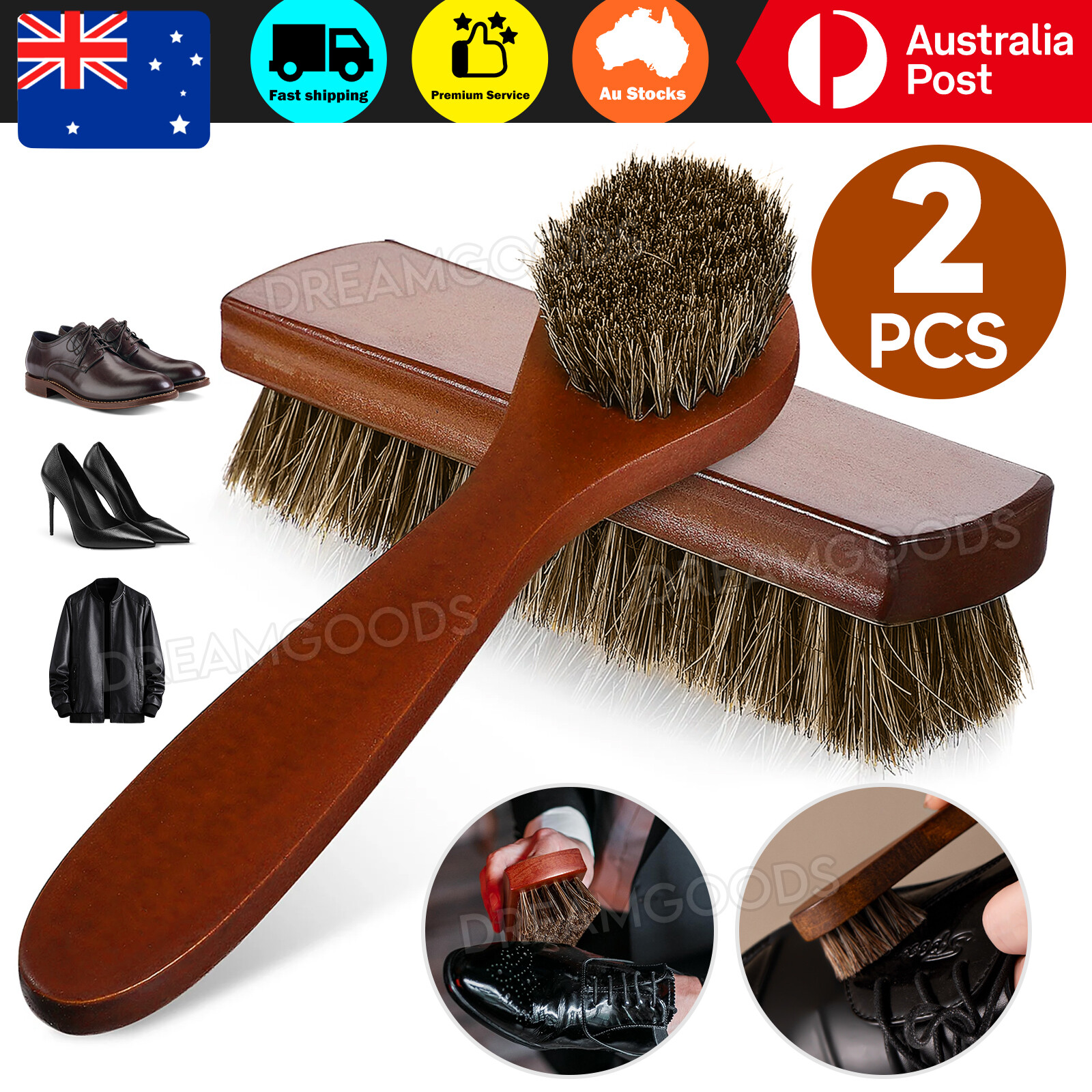 2x Horsehair Shoe Brush Set Wood Handle Leather Boots Sofa Cleaning Suede Purses