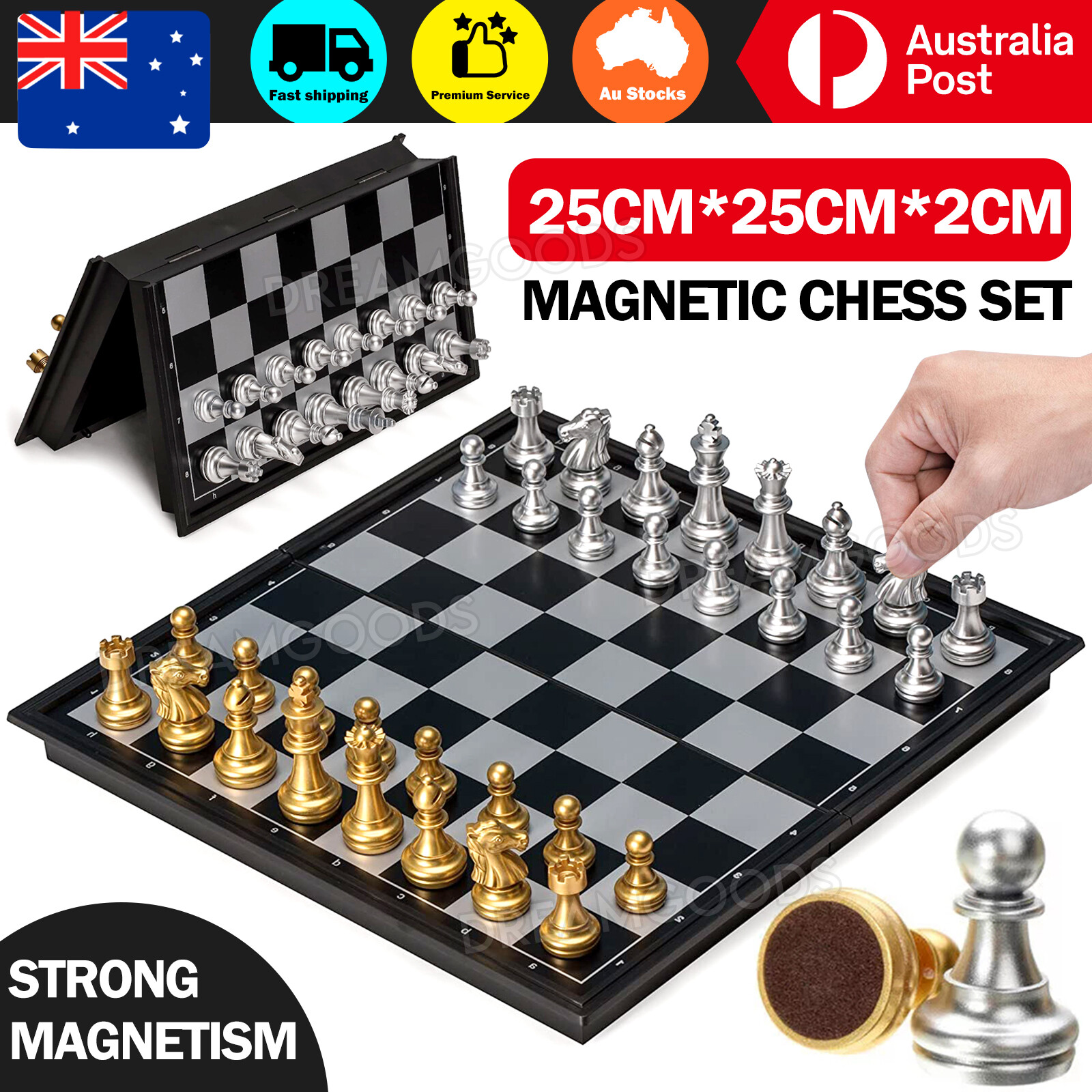 Large Magnetic Chess Set Folding Board Silver Gold 25x25cm Tinplate Plastic