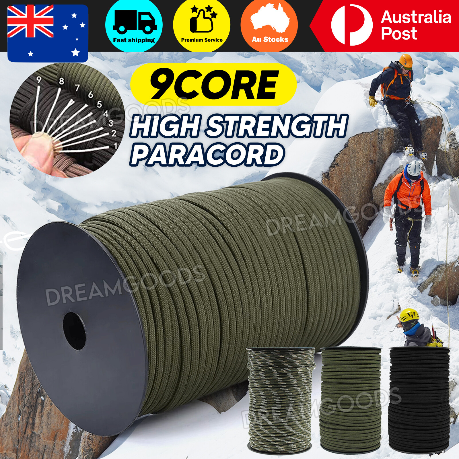 550 Paracord Parachute Cord 100m 4MM Black Type III 9 Strand Core Tent Rope
