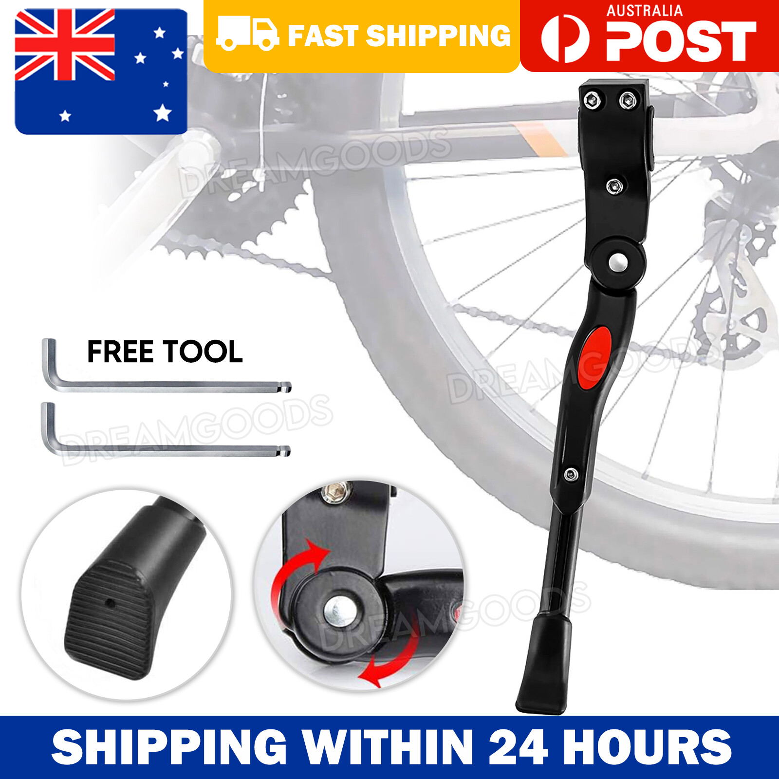 Rear Bike Kickstand Aluminium Alloy Rubber Foot 34cm Black 24-27 wheel Bicycle