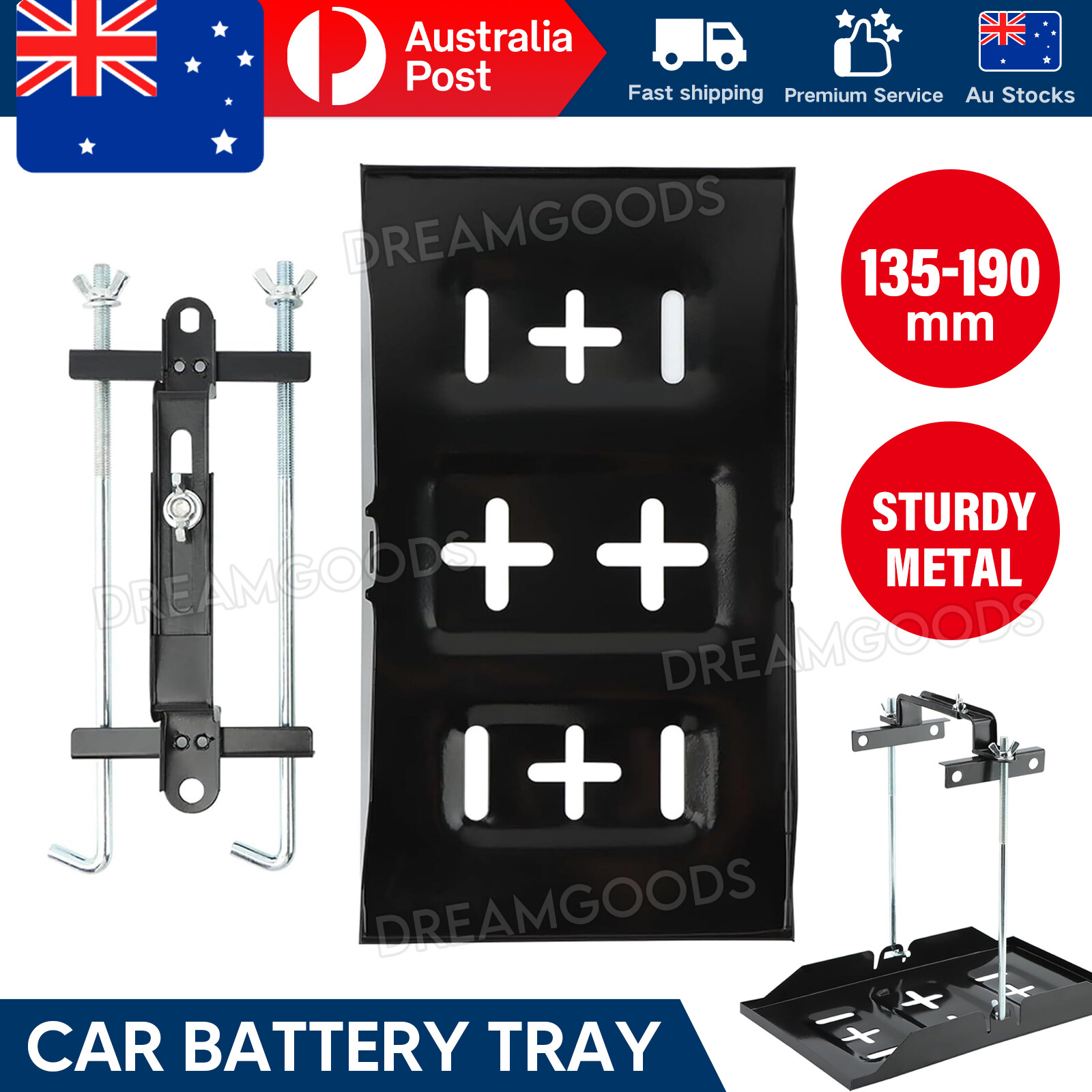 Universal Car Battery Tray Adjustable Hold Down Clamp Kit Black Metal Plastic