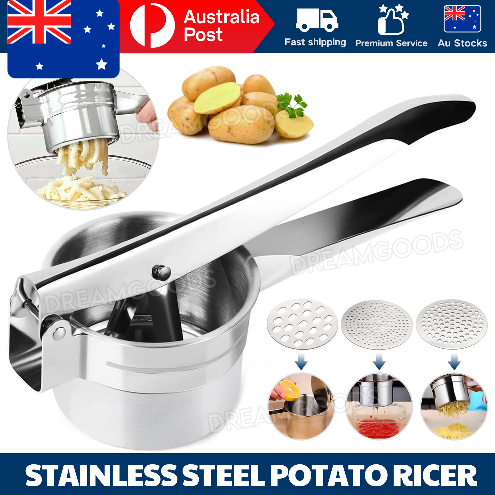 Potato Ricer Masher Fruit Press Stainless Steel 3 Discs Manual Easy Clean Silver