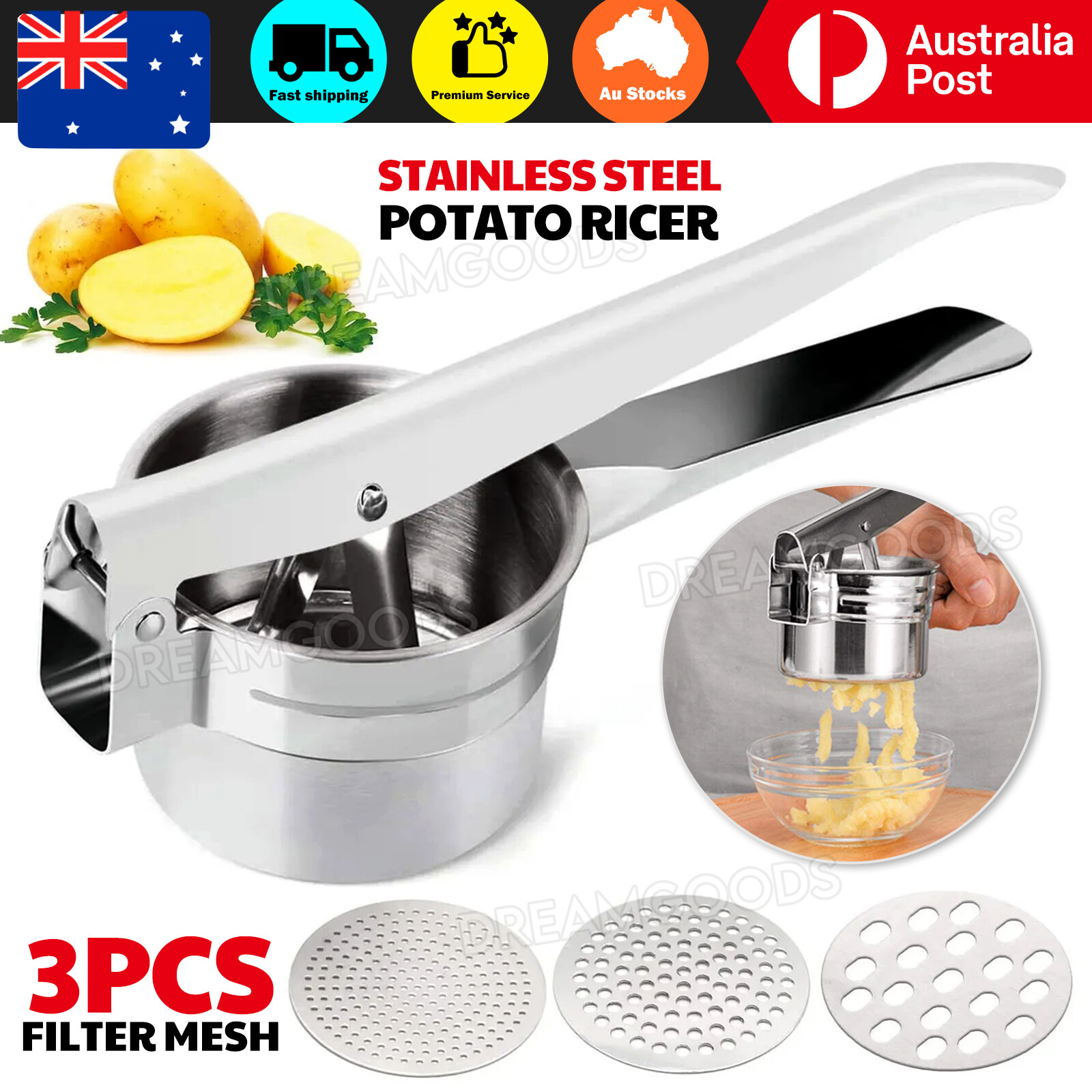 Potato Ricer Masher Fruit Press 3 Discs Stainless Steel Manual Easy Clean Silver