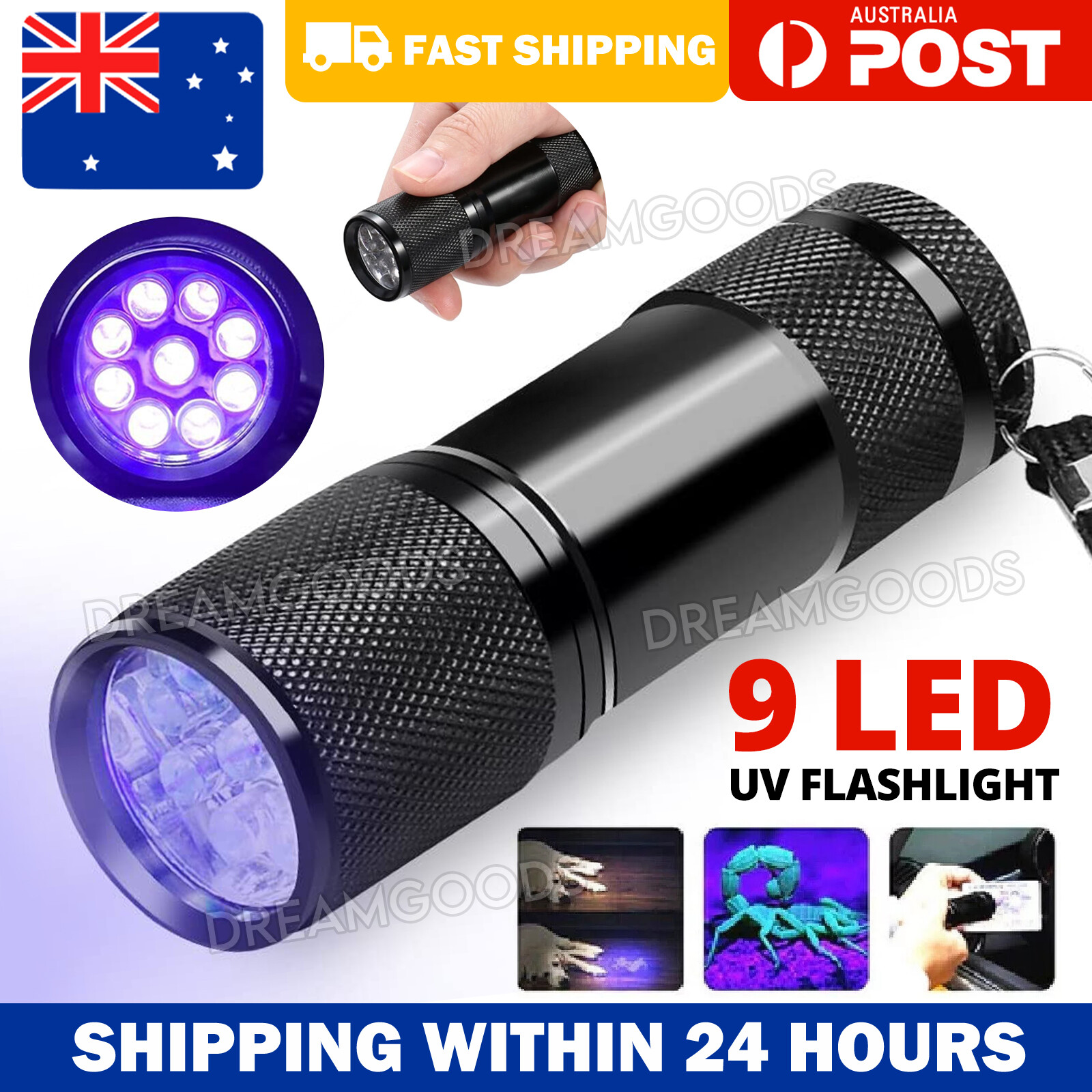 UV Blacklight Flashlight 9 LED 385 nM Aluminum Alloy AAA Battery 9.2cm Handheld