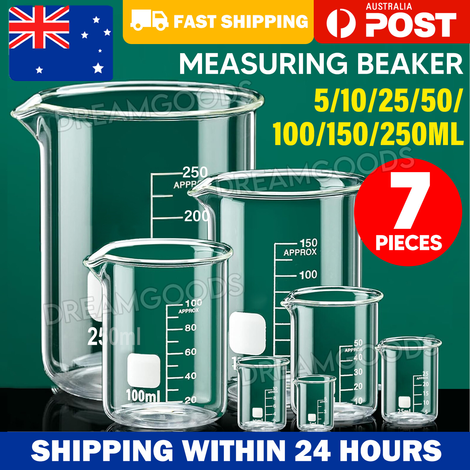 7Pcs Borosilicate Glass Measuring Low Form Beaker Set 5ml 10ml 25ml 50ml 100ml