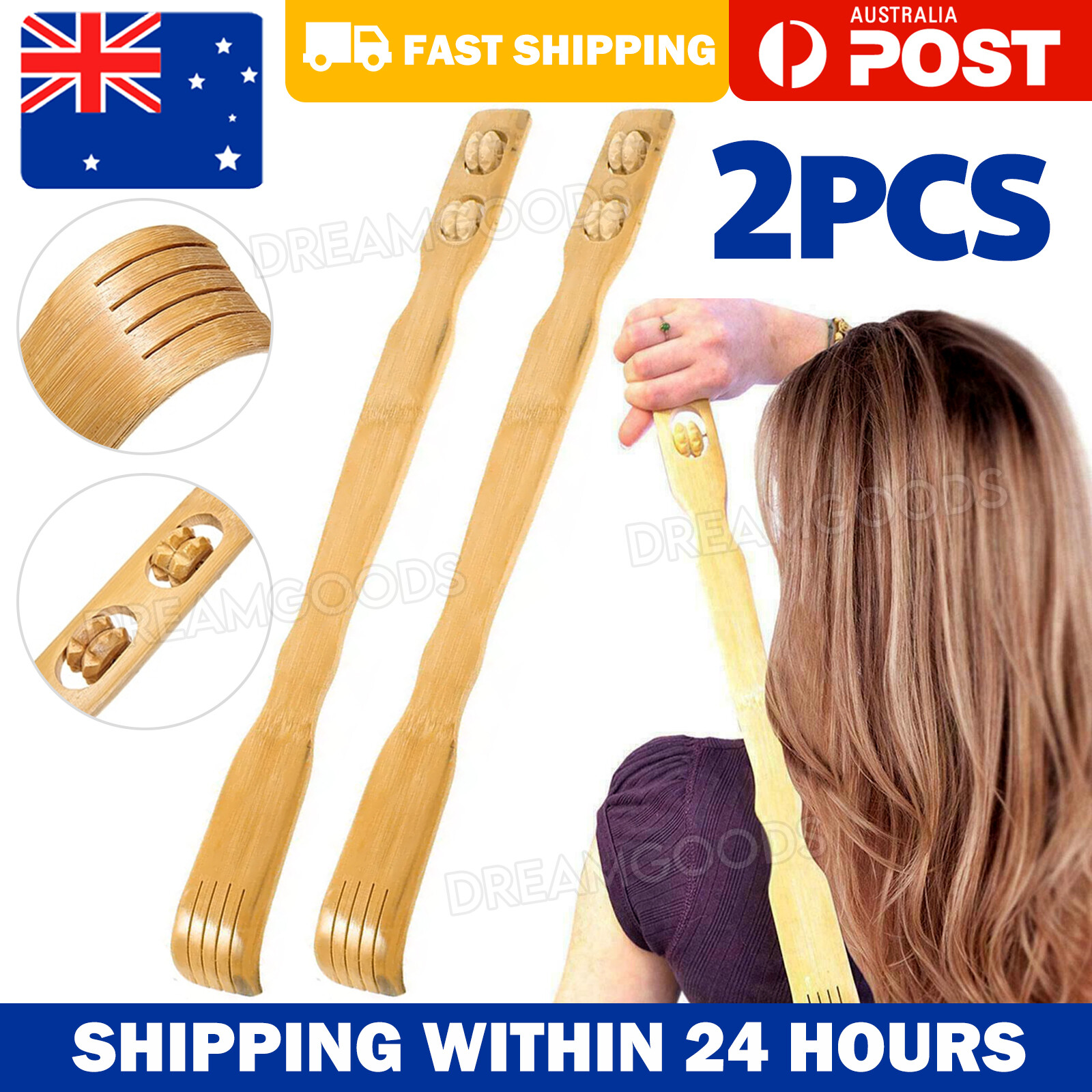 2x Bamboo Wood Back Scratcher 46.5cm Long Reach Handheld Body Massager Vintage