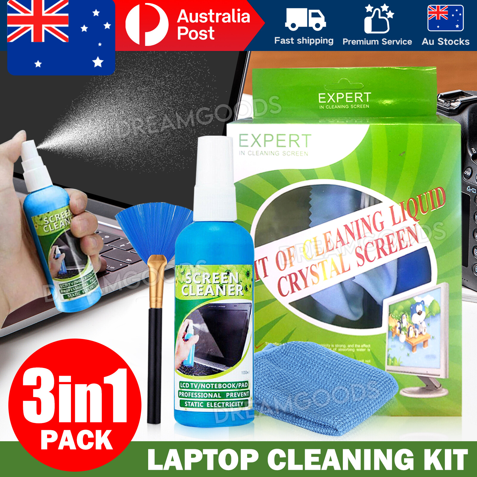OZ Hot LCD Screen Cleaning Kit 3in1 Laptop TV Monitor Microfiber Cloth Brush