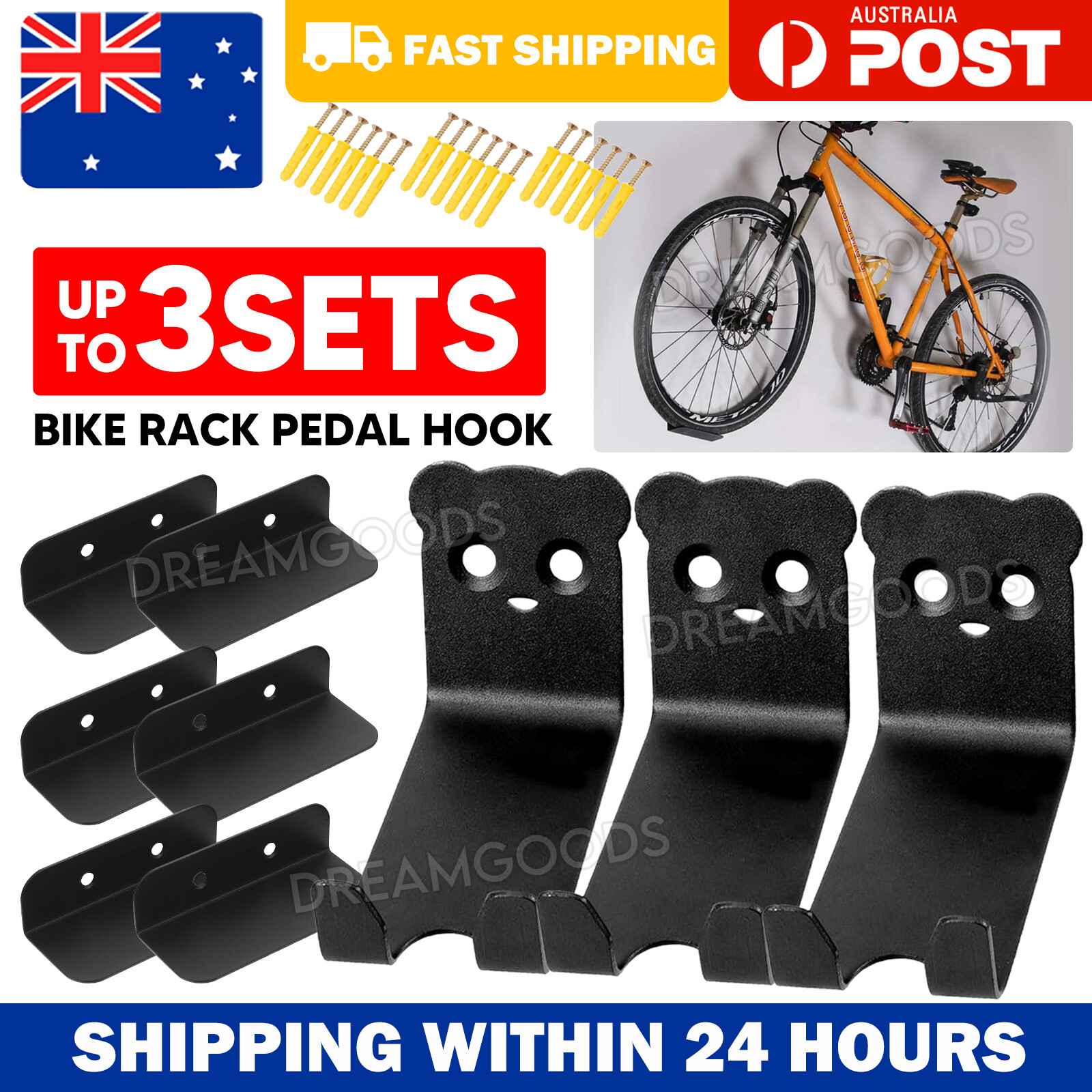 Bike Rack Pedal Hook Wall Mount Hanger Wheel 9pcs Black Carbon Steel 120KG MTB