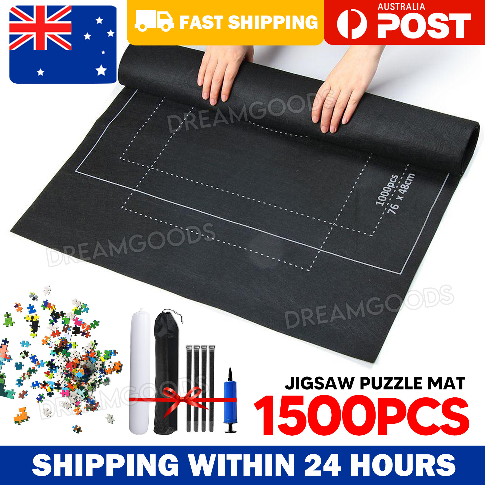 1500PCS Jigsaw Puzzle Roll Up Mat Felt Black 26x46inch Storage Pad Inflator