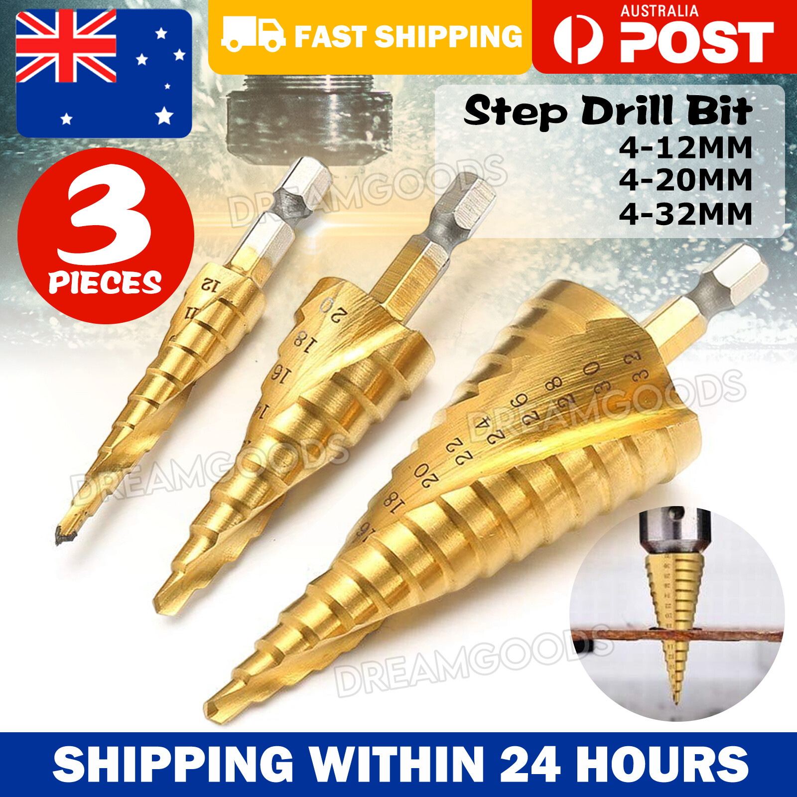 3PCS HSS Step Cone Drill Bits Metal Hole Cutter Titanium Coated 4-12/20/32mm