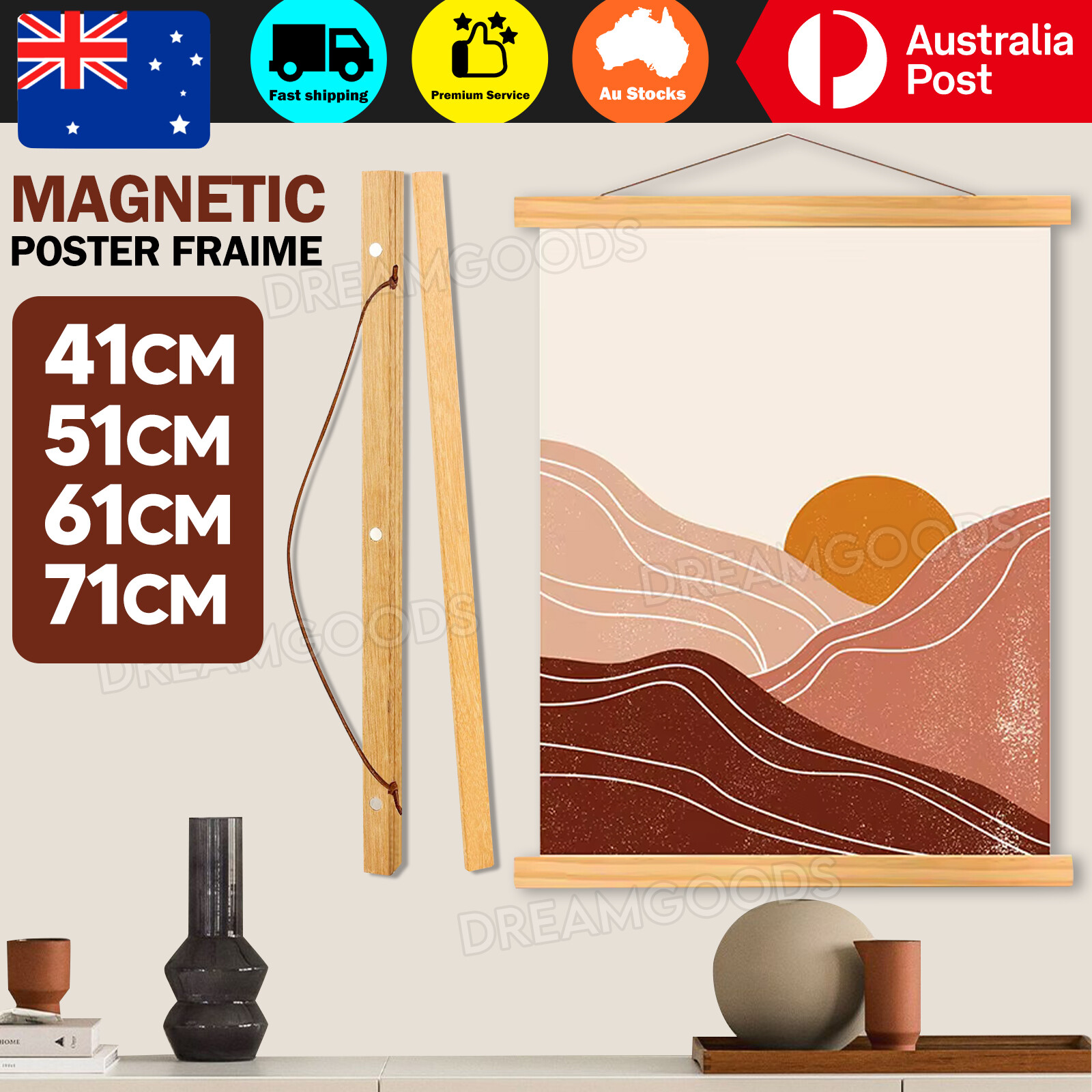 Magnetic Wooden Poster Frame Hanger Wall Art Hanging 41CM Strong Magnets Rope
