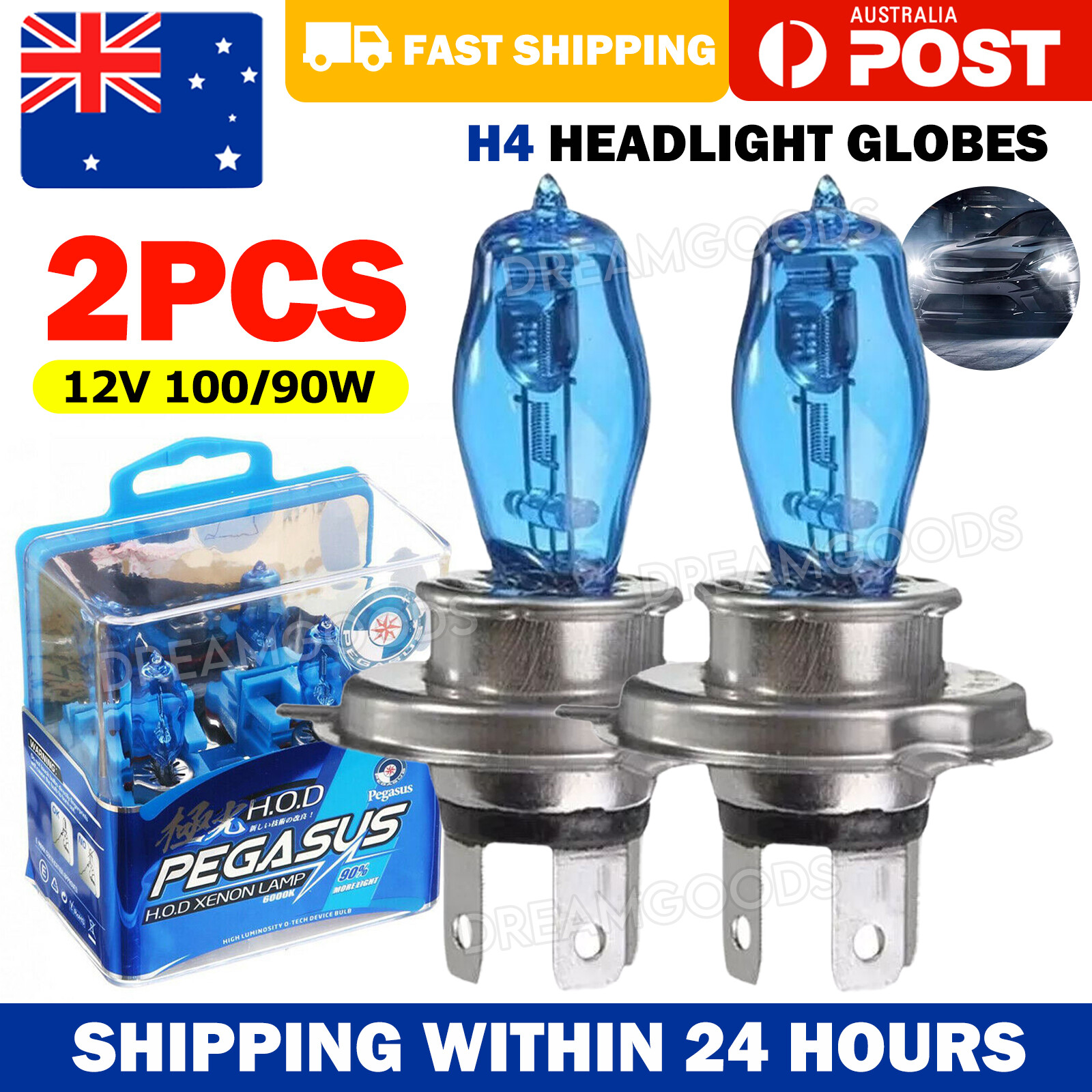 2x H4 HOD Car Headlight Bulbs 12V 100/90W Xenon Super White 6000K High Low Beam