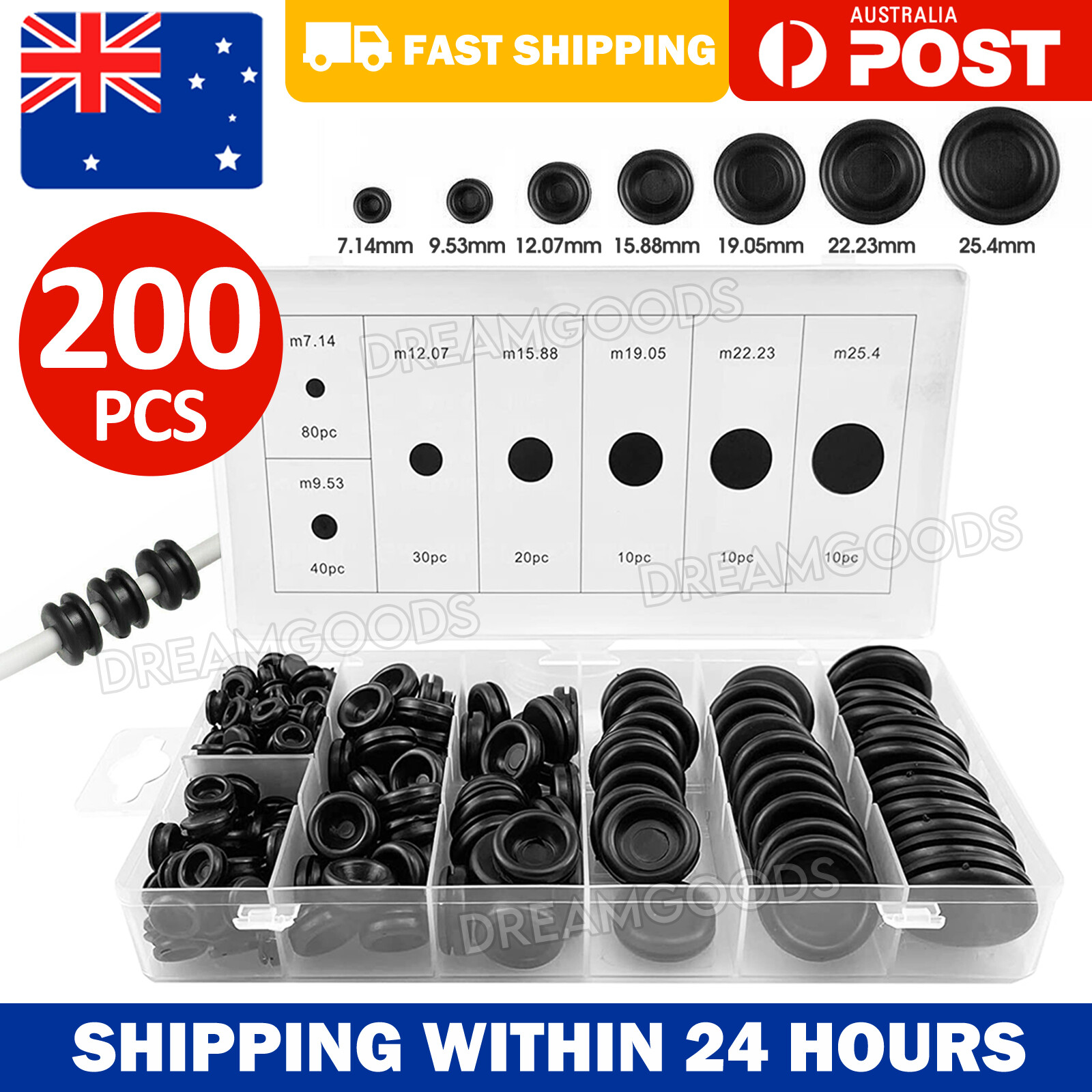 200Pcs Rubber Grommet Assortment Set 7 Sizes Black Round Fastener Kit With Box