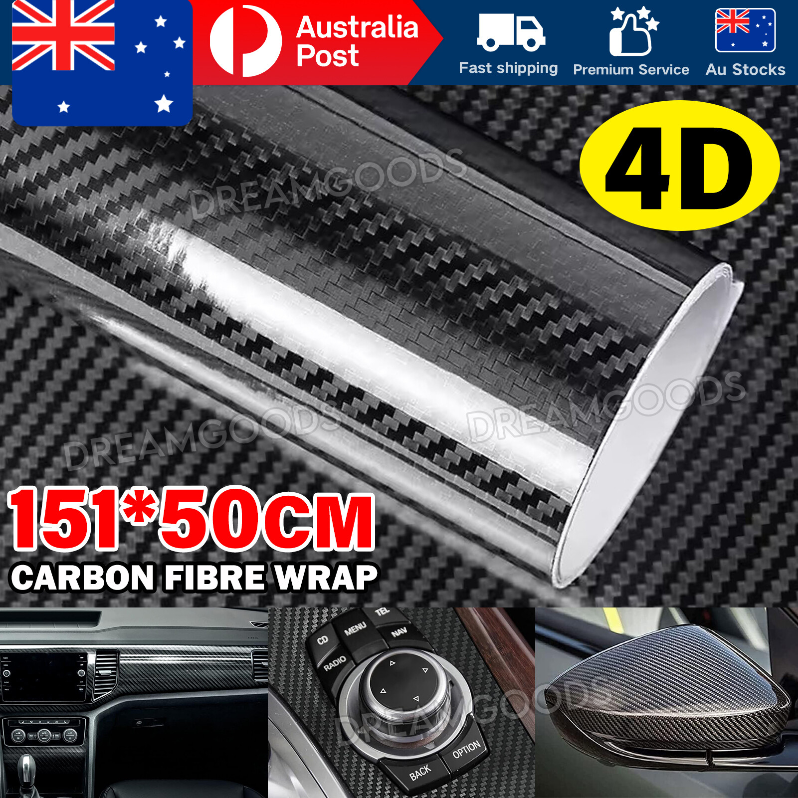 4D Black Carbon Fibre Vinyl Car Wrap Sticker 50cm x1.51M Easy Installation