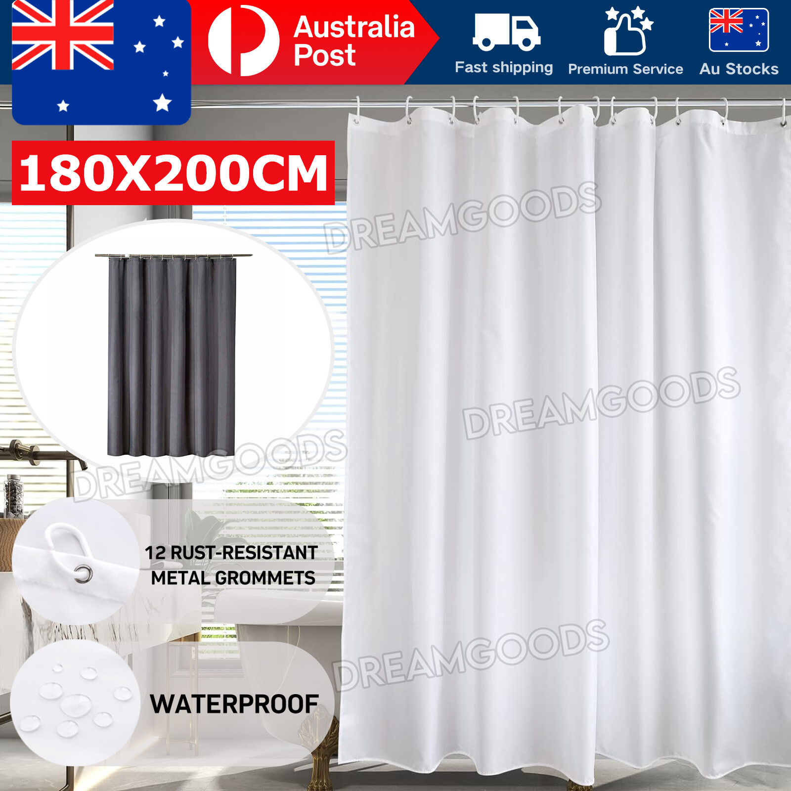 Shower Curtain Waterproof Fabric Extra Long 180x200cm 12 Hooks Machine Washable