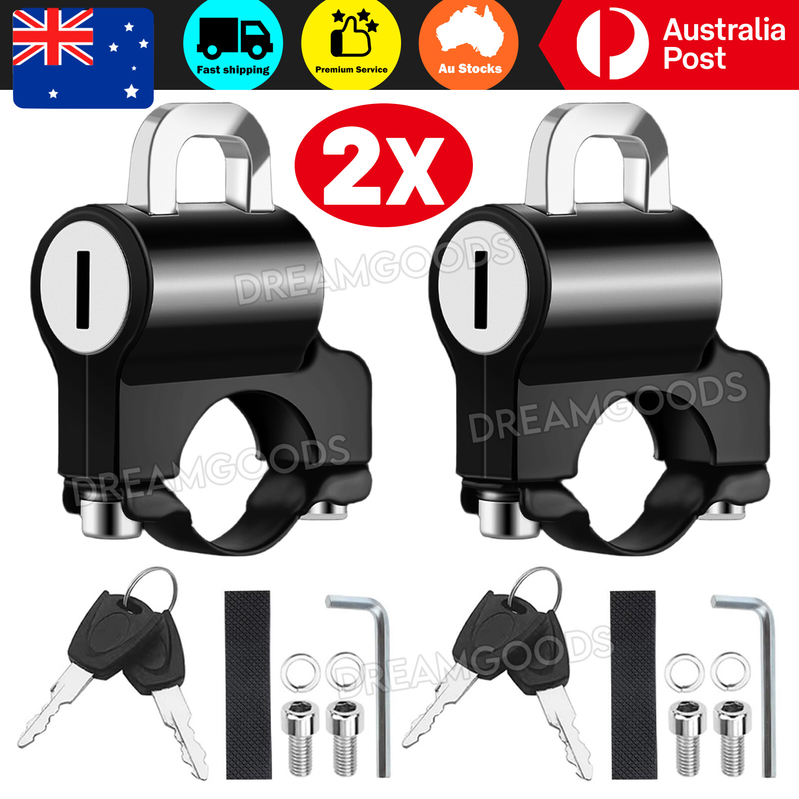2X Universal Motorcycle Helmet Anti-Theft Cable Black Aluminum 22-28mm Handlebar