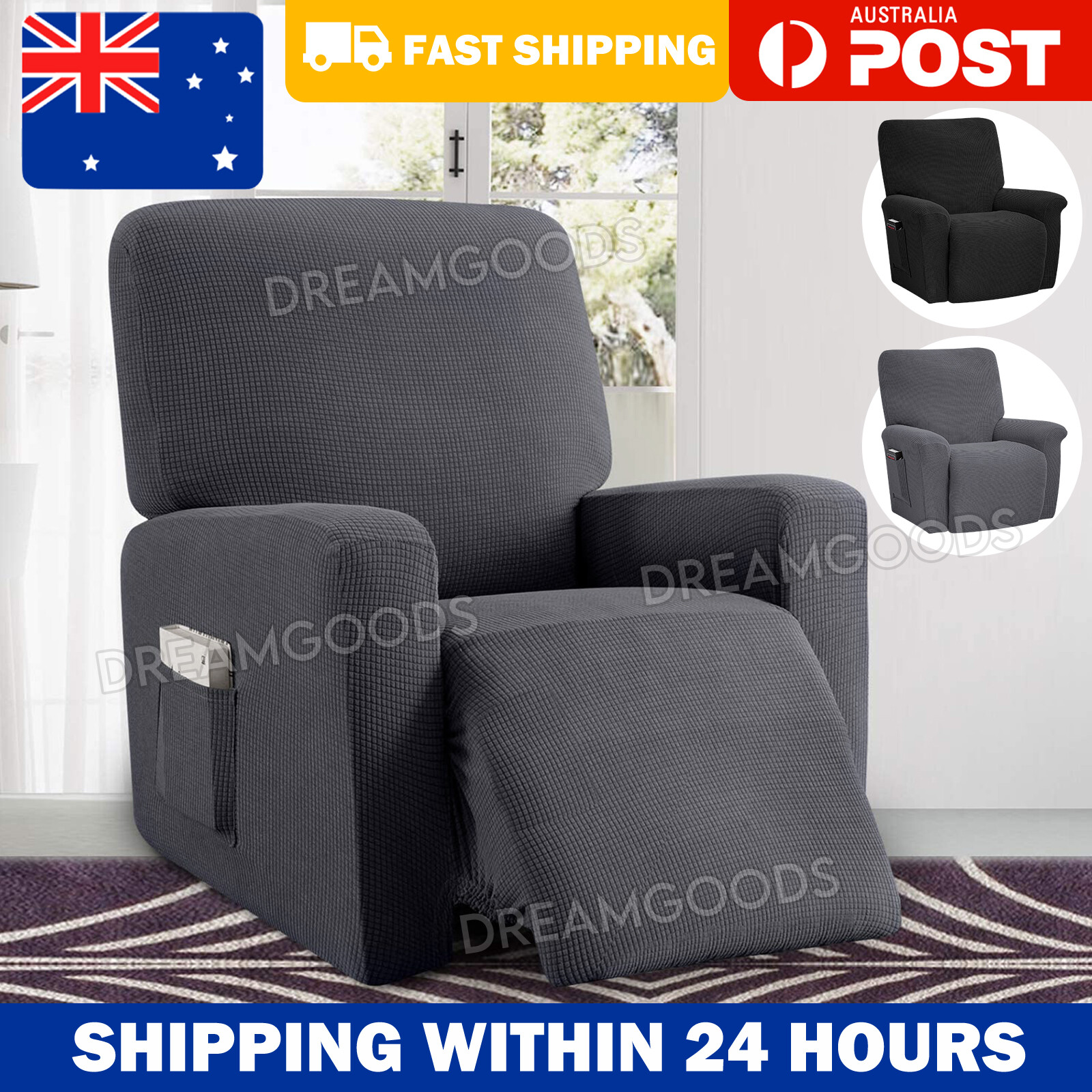 Stretch Recliner Chair Cover 1-Piece Thick Soft Jacquard Polyester Spandex Black