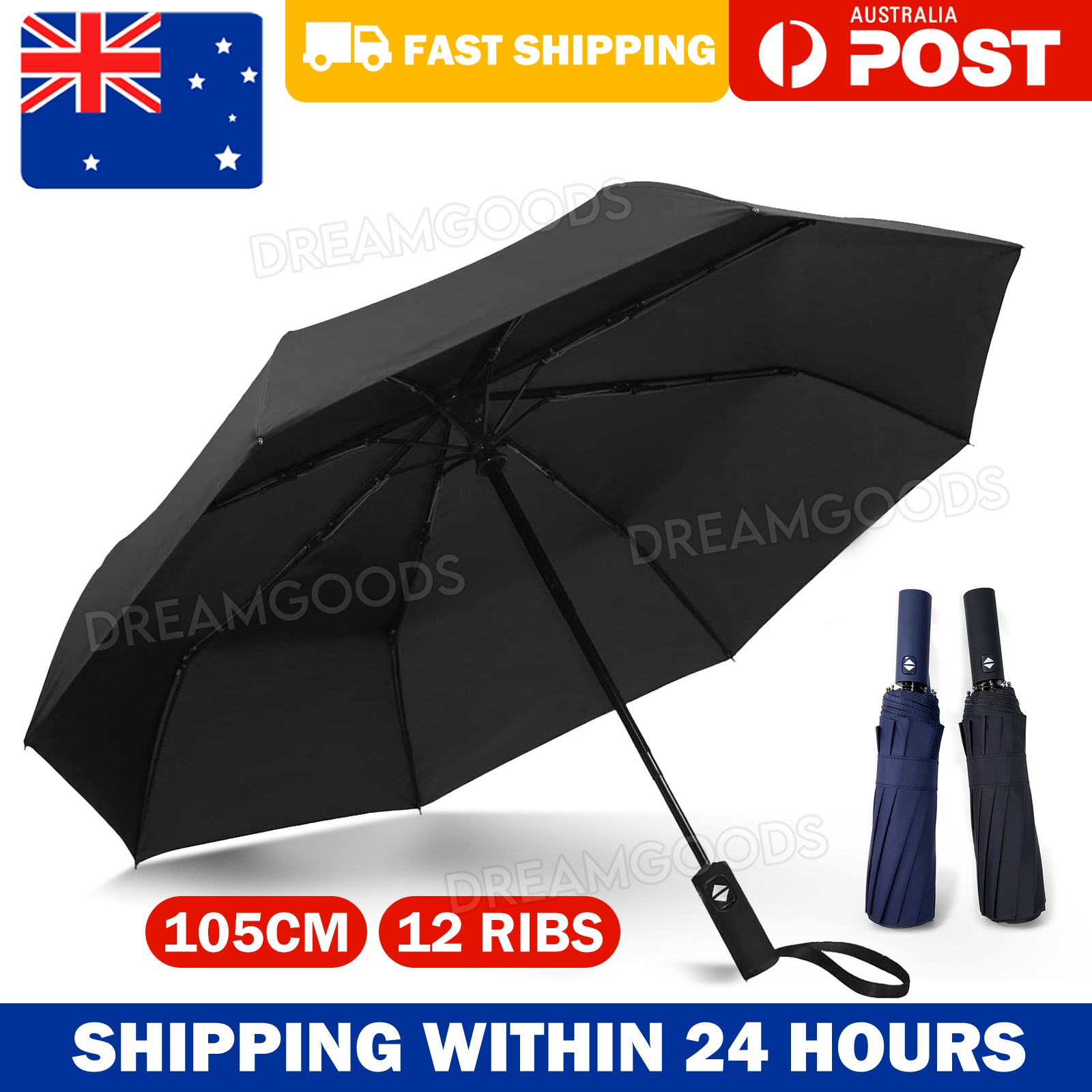Fully Automatic Folding Umbrella 12 Ribs Windproof Auto Open Compact 105cm Black