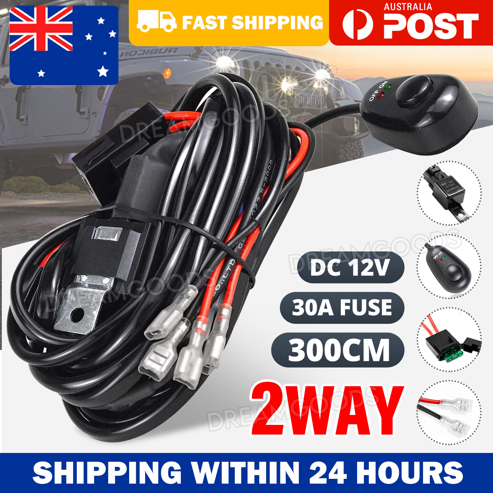 HID Wiring Harness Kit 12V 40A Relay Driving Lights 30A Fuse Holder Switch