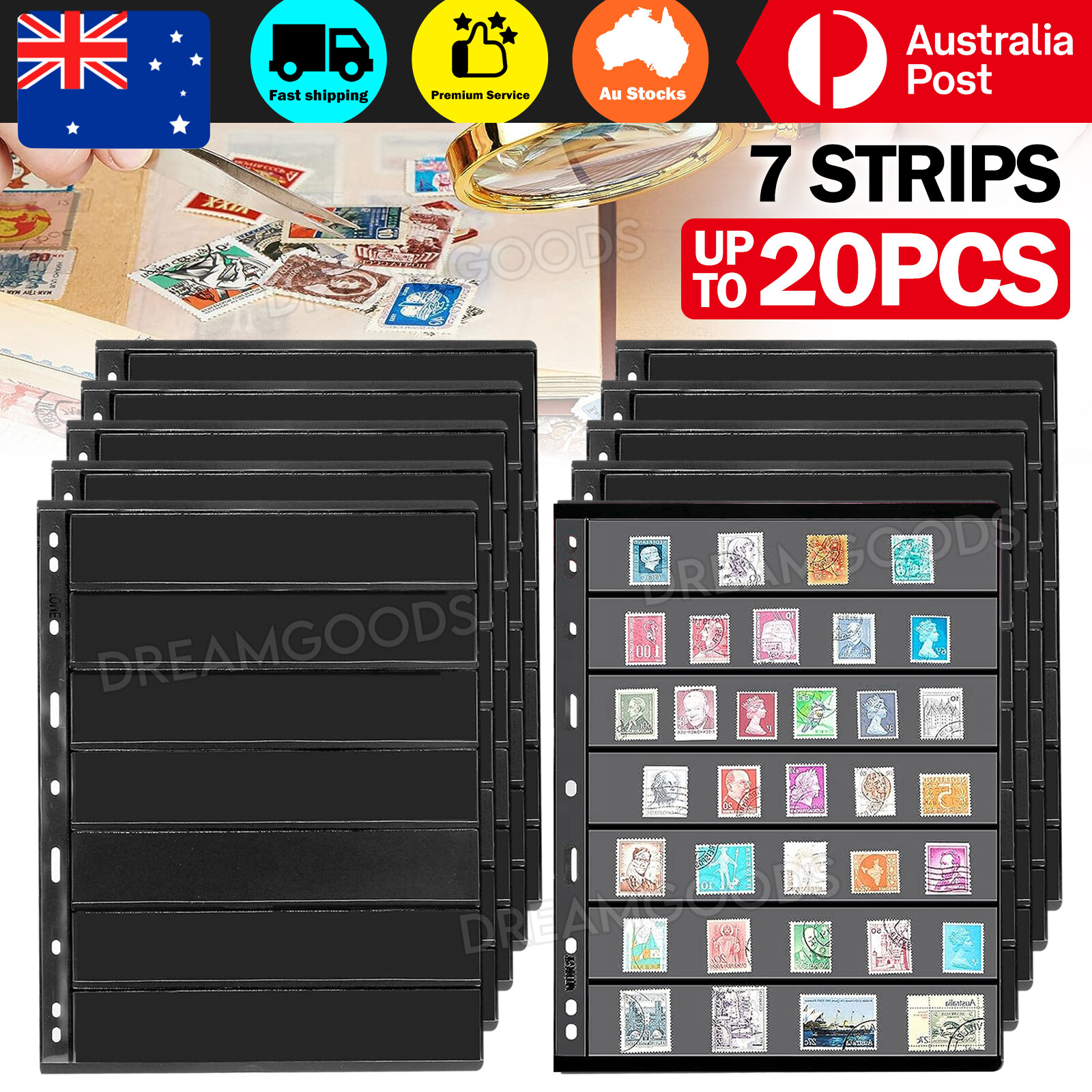 Stamp Stock Pages PVC Black Double Sided 21.6x28CM 10PCS 7 Strips Binder Holes