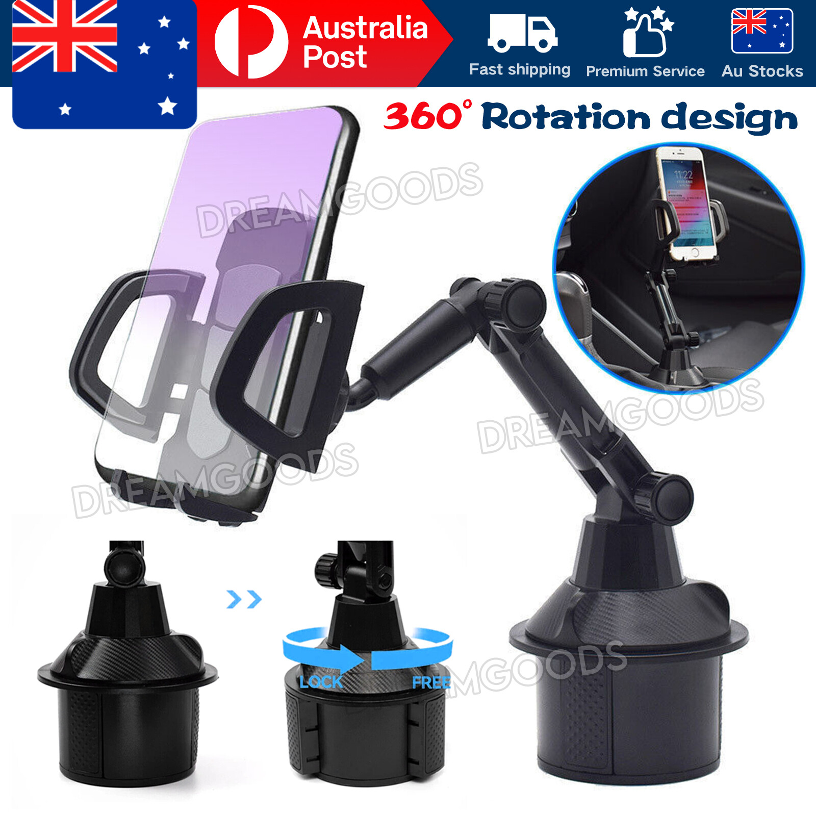Car Cup Holder Phone Mount 360 Degree Rotating Adjustable Long Arm ABS Black GPS