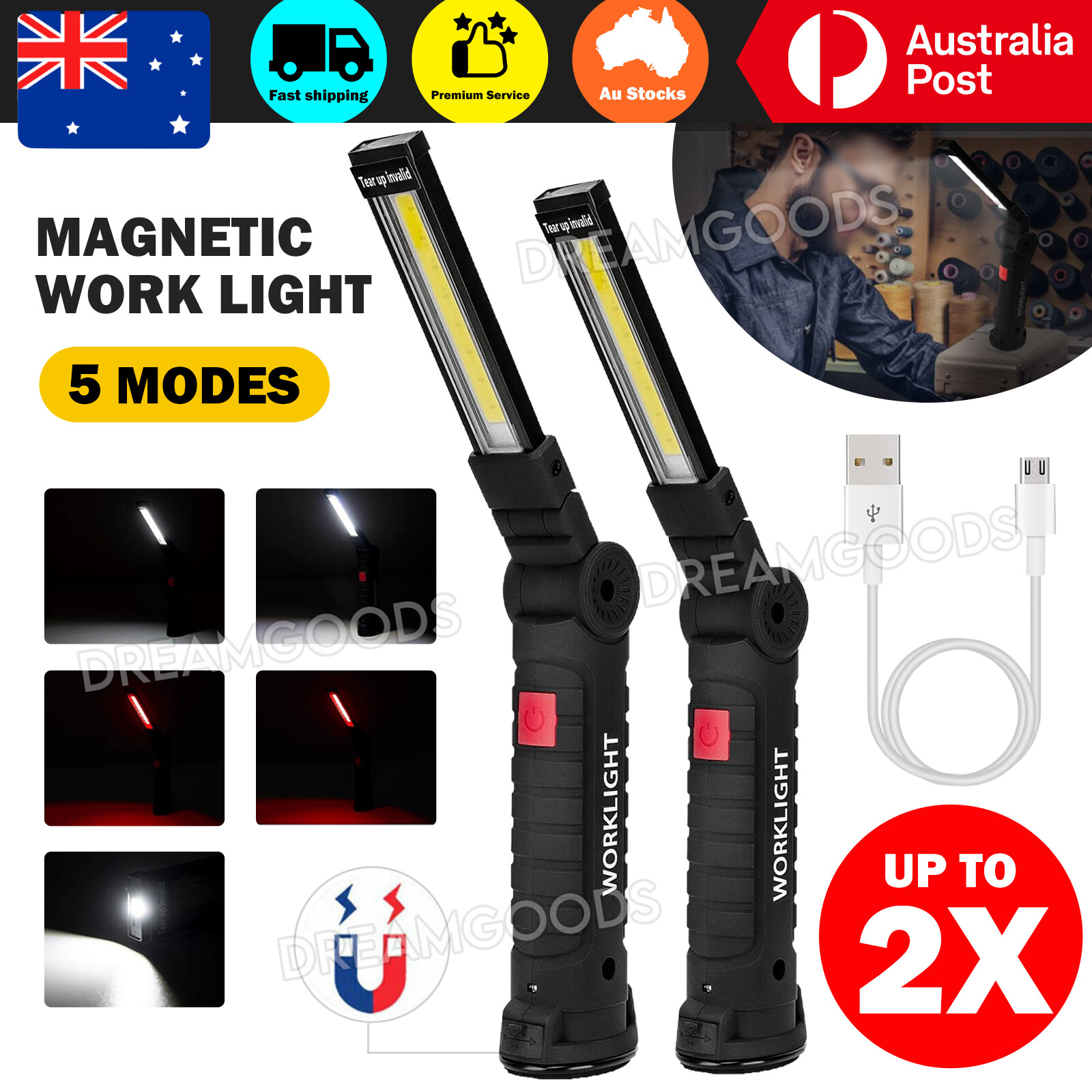 USB Rechargeable COB LED Work Light Magnetic Hook Folding Small 11/14.8cm Black