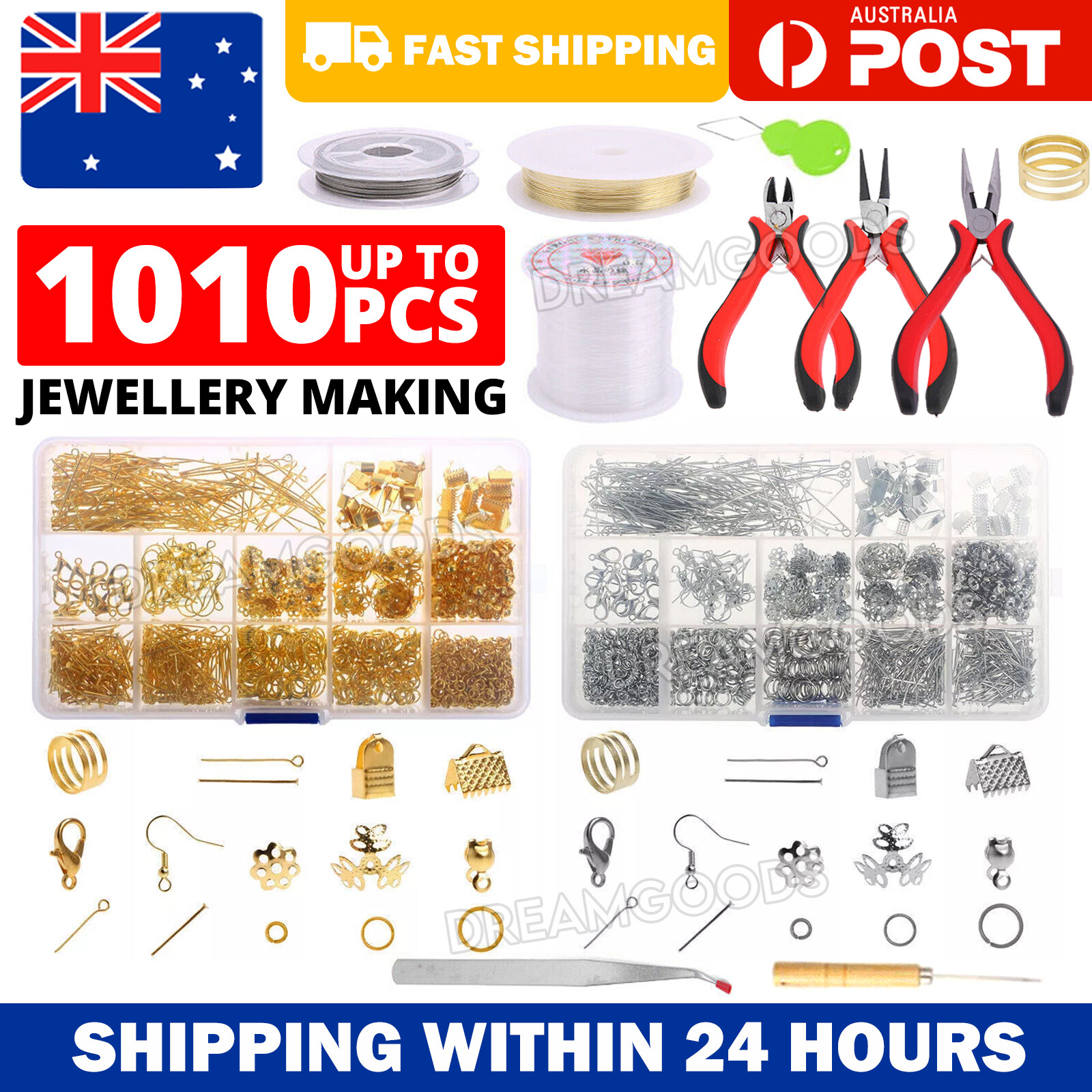 1000PCS Jewellery Making Findings Kit DIY Wire Pliers Set Gold/Silver Portable