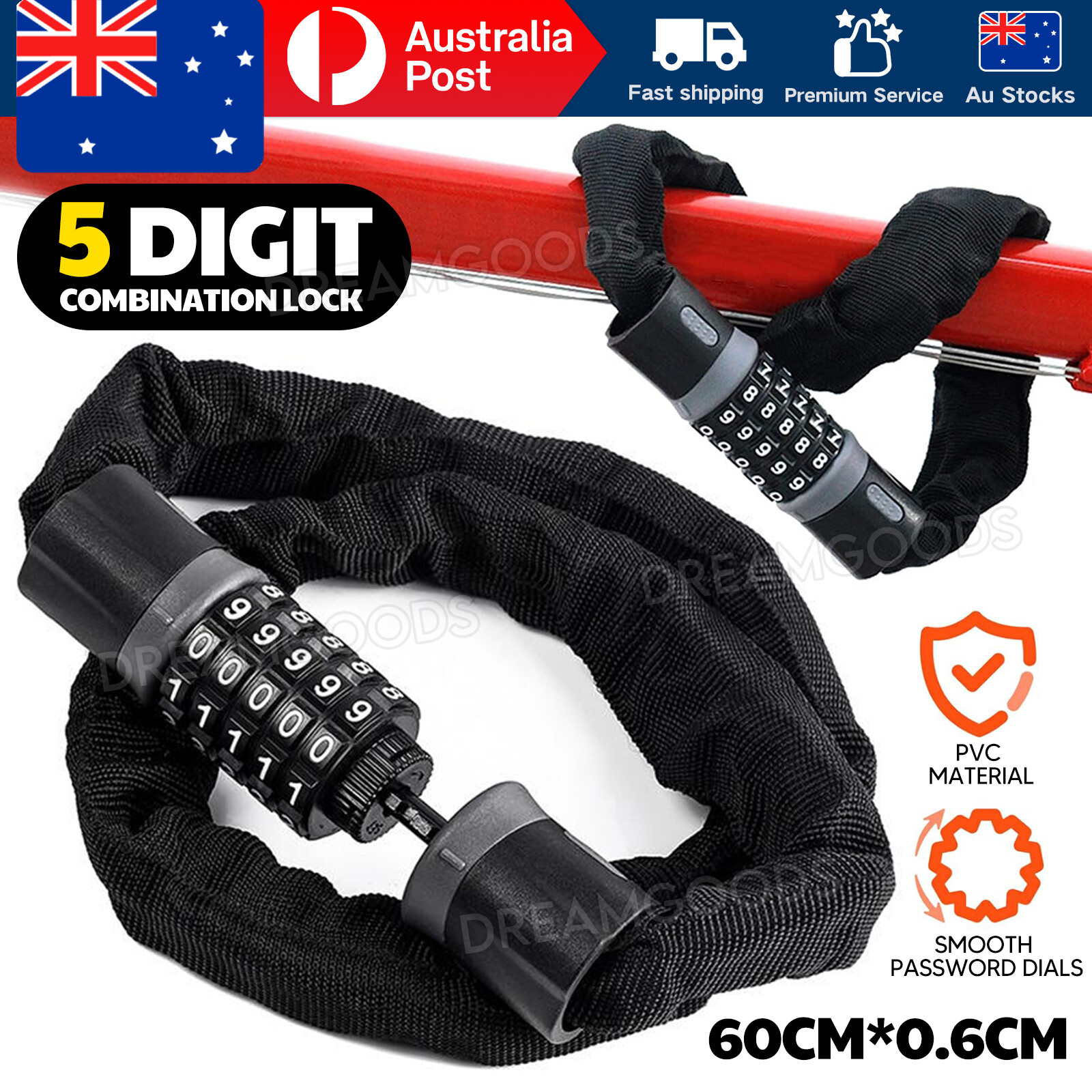 Heavy Duty Chain Lock Bicycle Security 5-Digit Combination Steel Black Portable