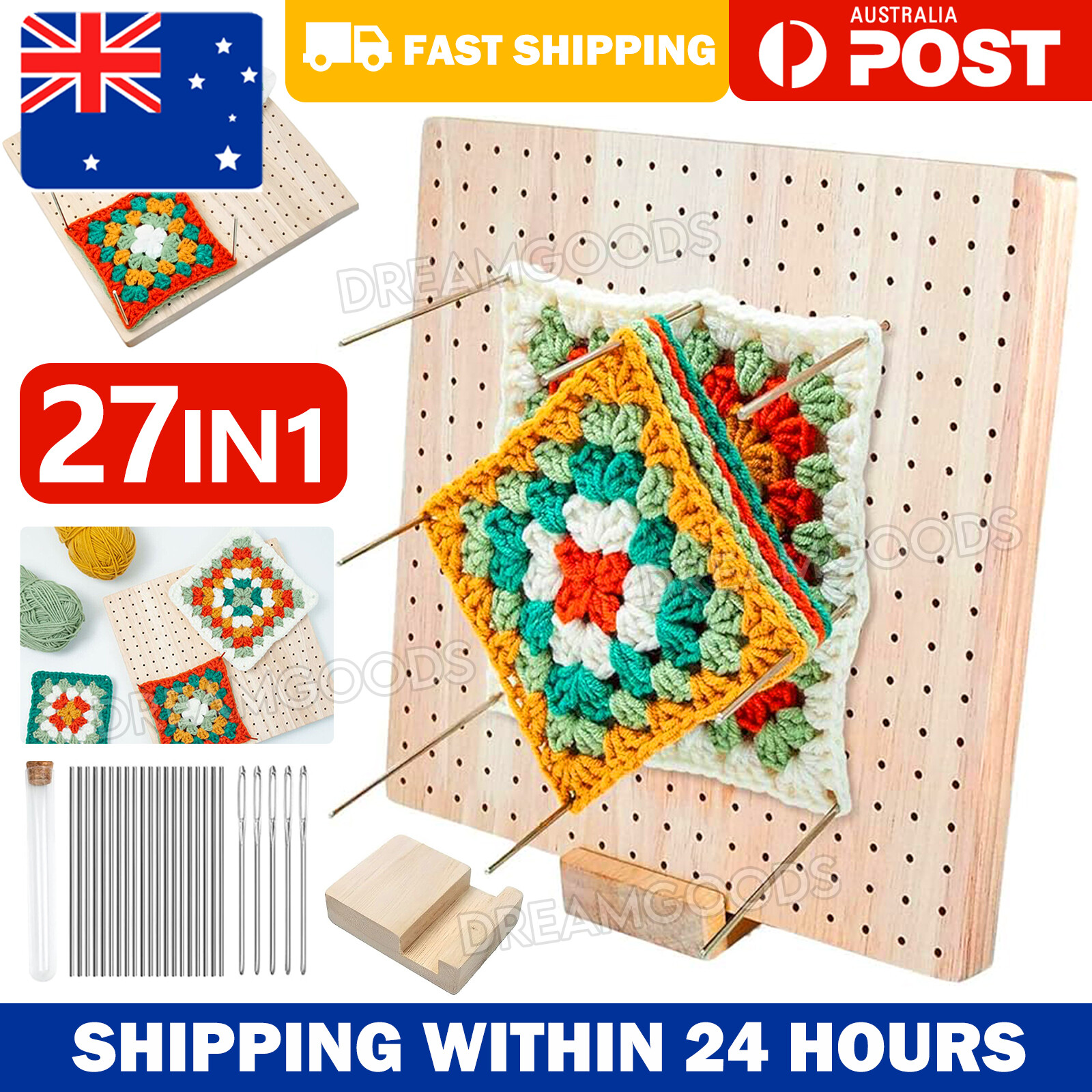 Crochet Blocking Board Mat 25 Pins Knitting Crocheting Tool Set Rubber Wood Grid