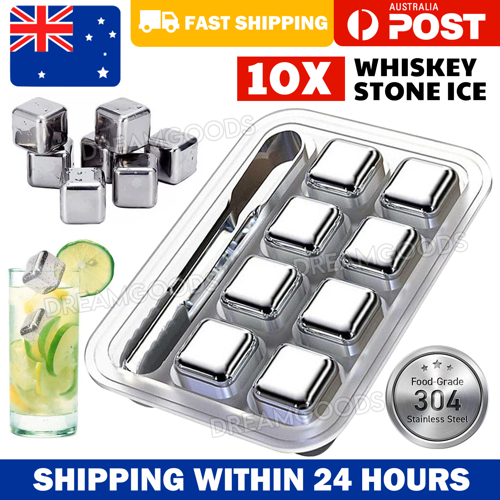 8PCS Stainless Steel Whiskey Ice Cubes Reusable non-diluting Cooling tongs tray