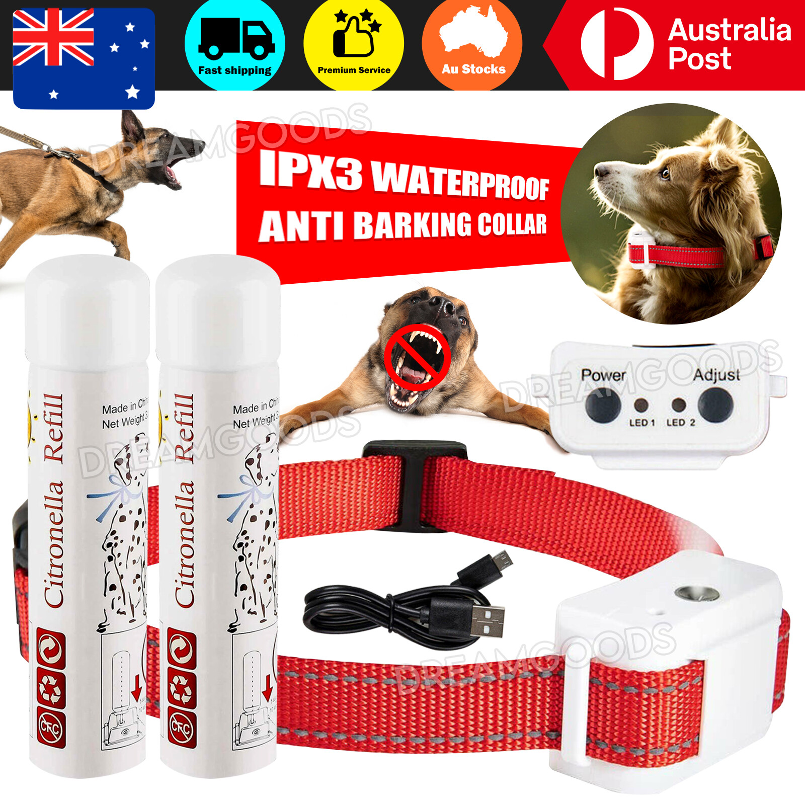 Anti Bark Dog Citronella Spray Collar Rechargeable Training No Barking Red