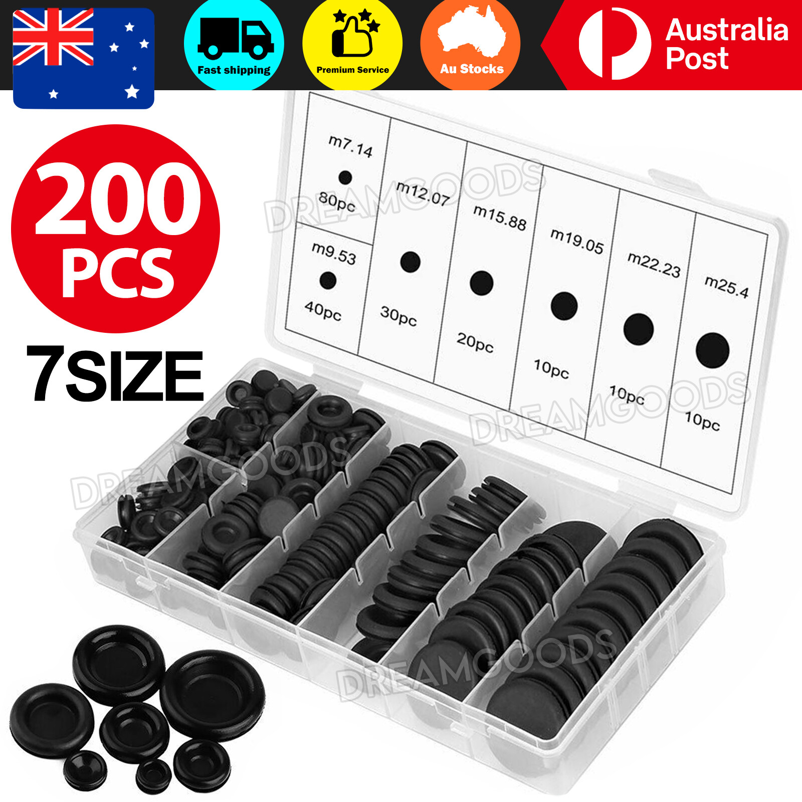 200Pcs Rubber Grommet 7 Sizes Black Firewall Wire Hole Plug Set Kit With Box