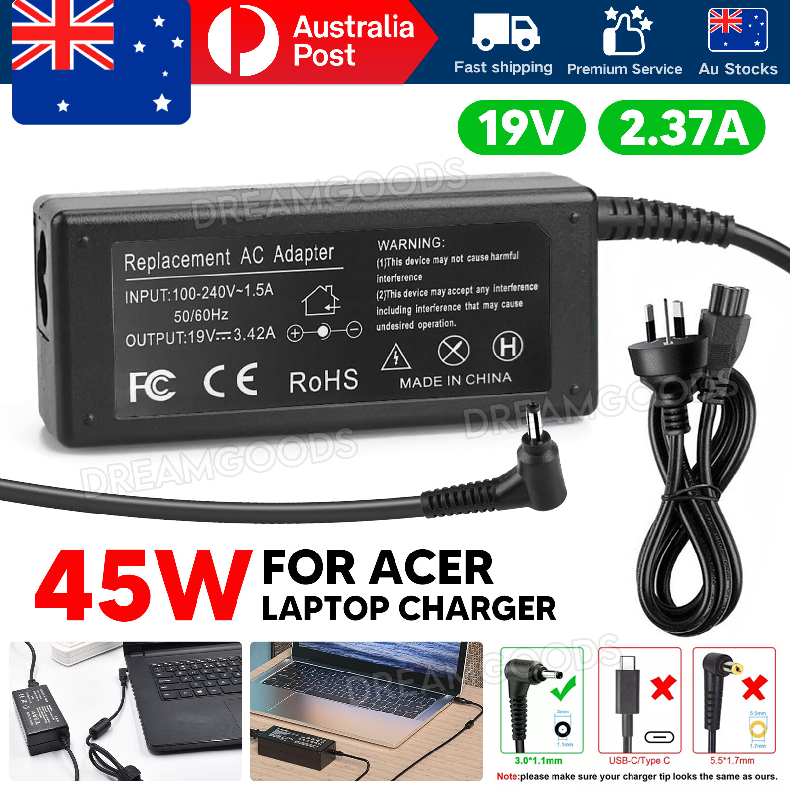 Acer Laptop Charger 45W 19V 2.37A AC Adapter AU Plug For Spin 3 SP314-53N Black