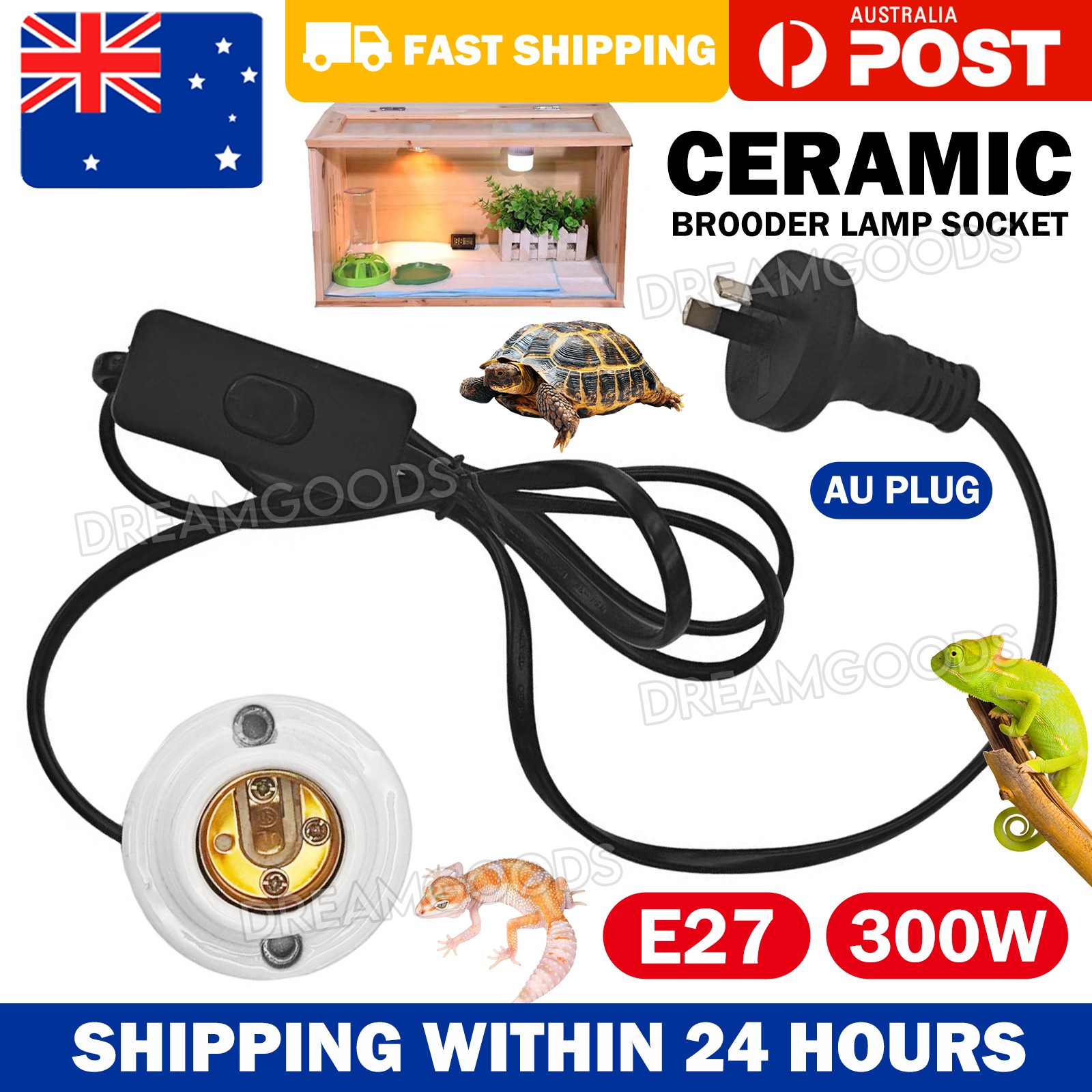 E27 Ceramic Reptile Lamp Holder 300W UVB UVA Heat Socket Clip Black AC110-240V