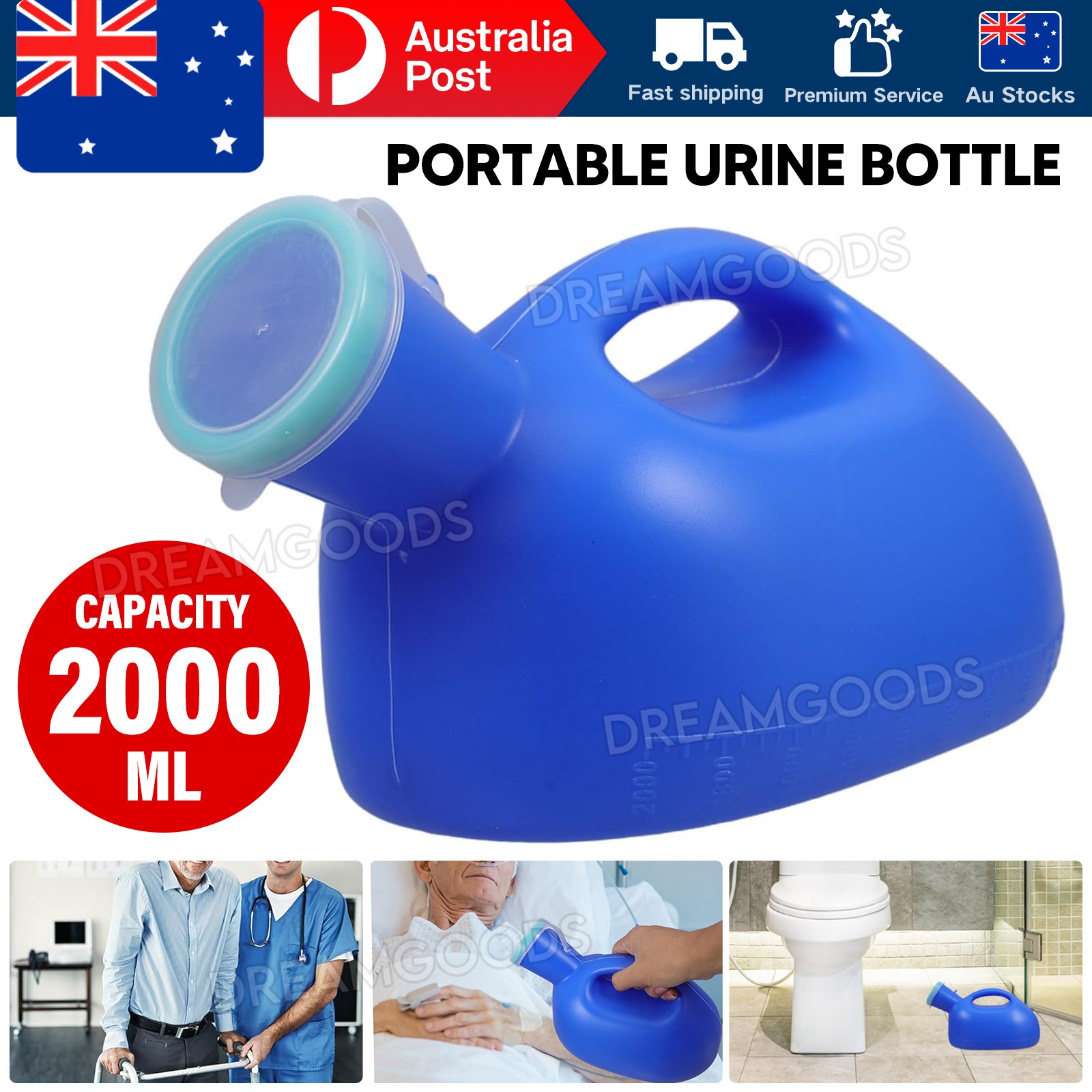 Portable Male Pee Urinal Bottle 2000ML Blue w/Lid PE Outdoor Camping Storage