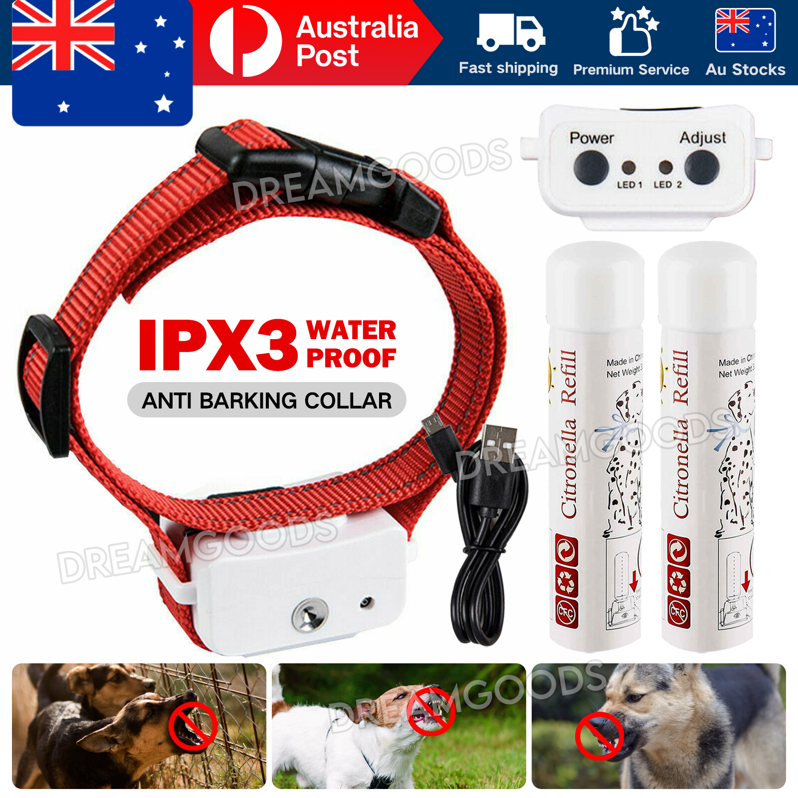 Dog Anti Bark Citronella Spray Collar Rechargeable Training Red Lemon Refill