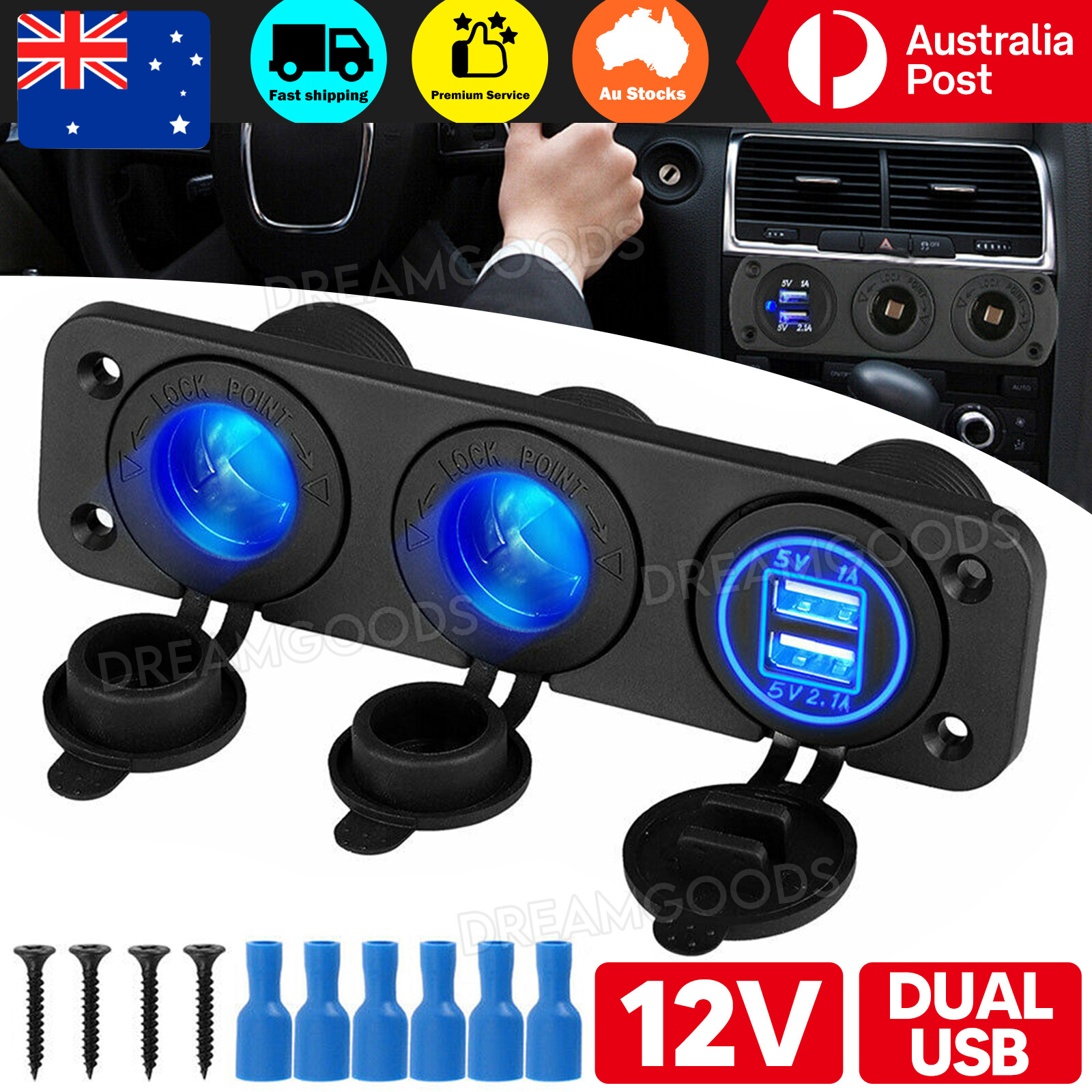 12V Dual Cigarette Lighter Socket USB Charger Panel Mount Black ABS Boat 12-24V