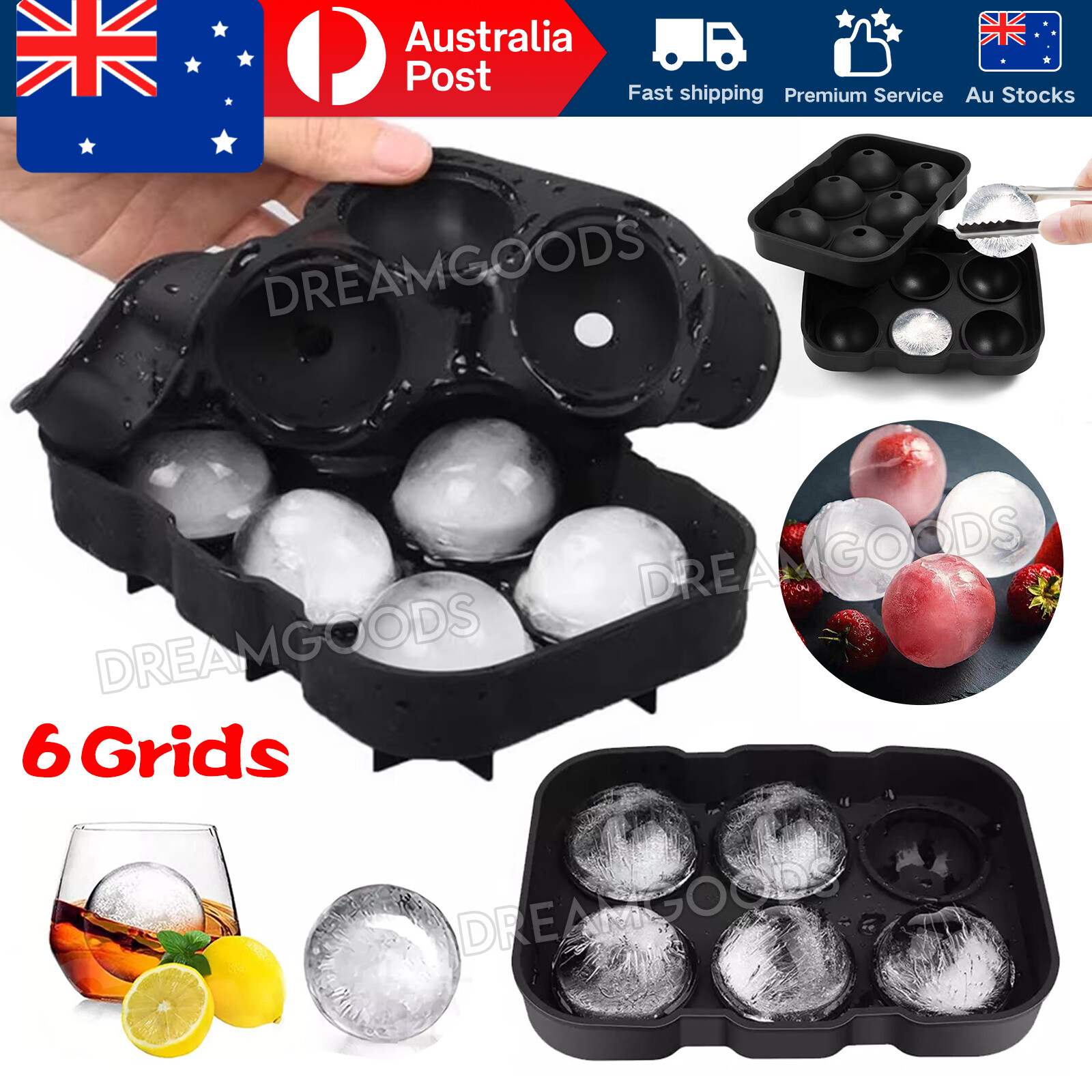 6 Large Ice Sphere Ball Tray Mould Silicone Black 5CM Whiskey Maker Freezer