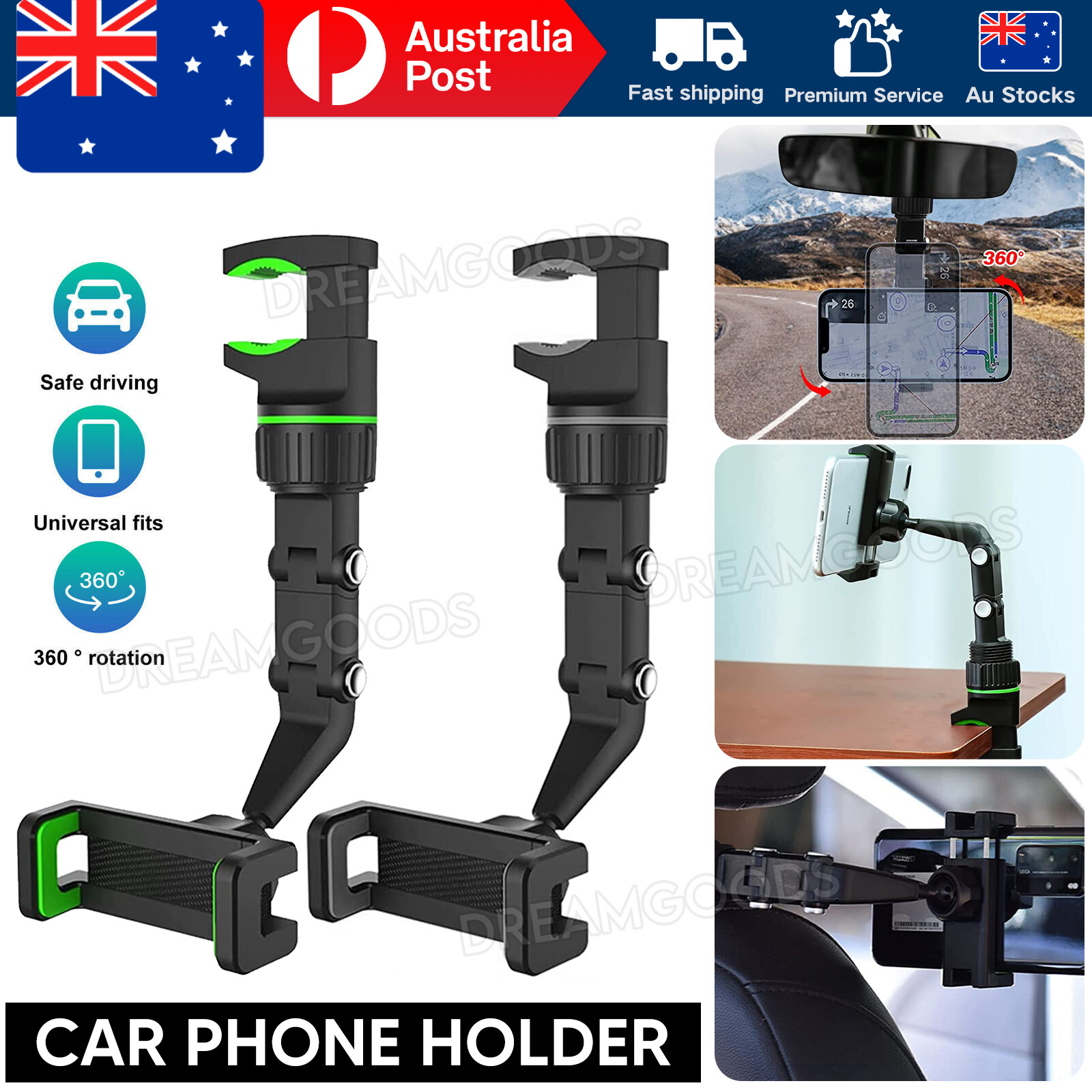 360 Car Rear View Mirror Mount Holder Stand For Phone Clip Universal ABS Green