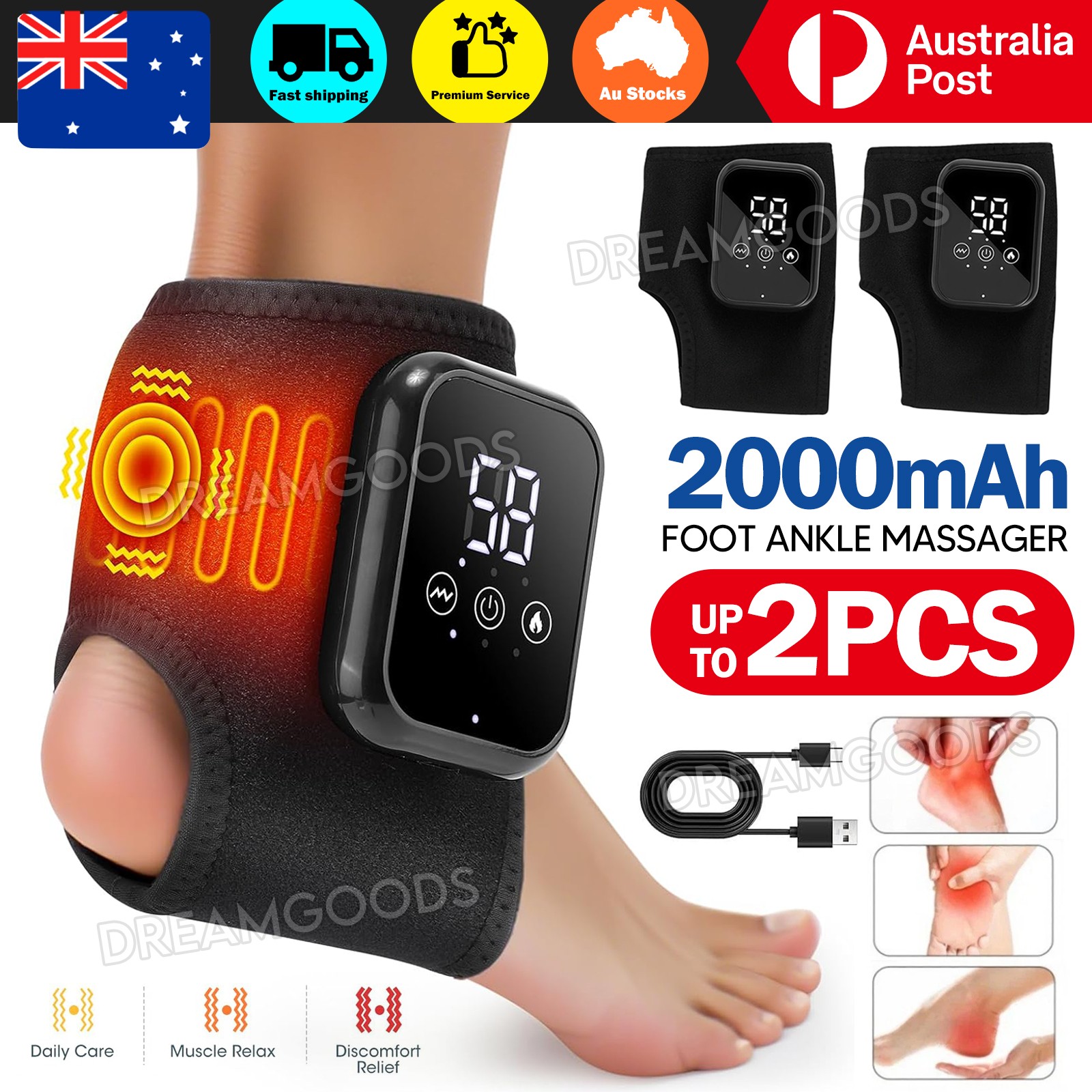 Electric Foot Ankle Massager 2000MAH Black Cordless Rechargeable Heat Vibration