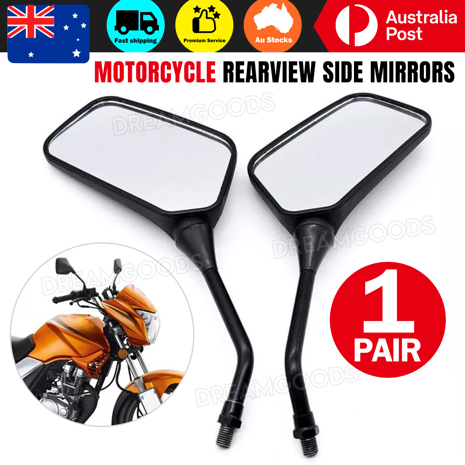 1 Pair Motorcycle Rearview Mirrors Black 10mm Clockwise Fitment Suzuki Kawasaki