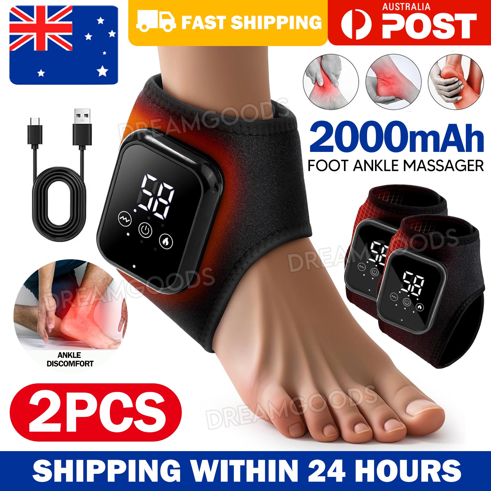 Foot Ankle Massager Heated Vibration 3 Modes 3 Heating Levels Black 2000MAH OZ