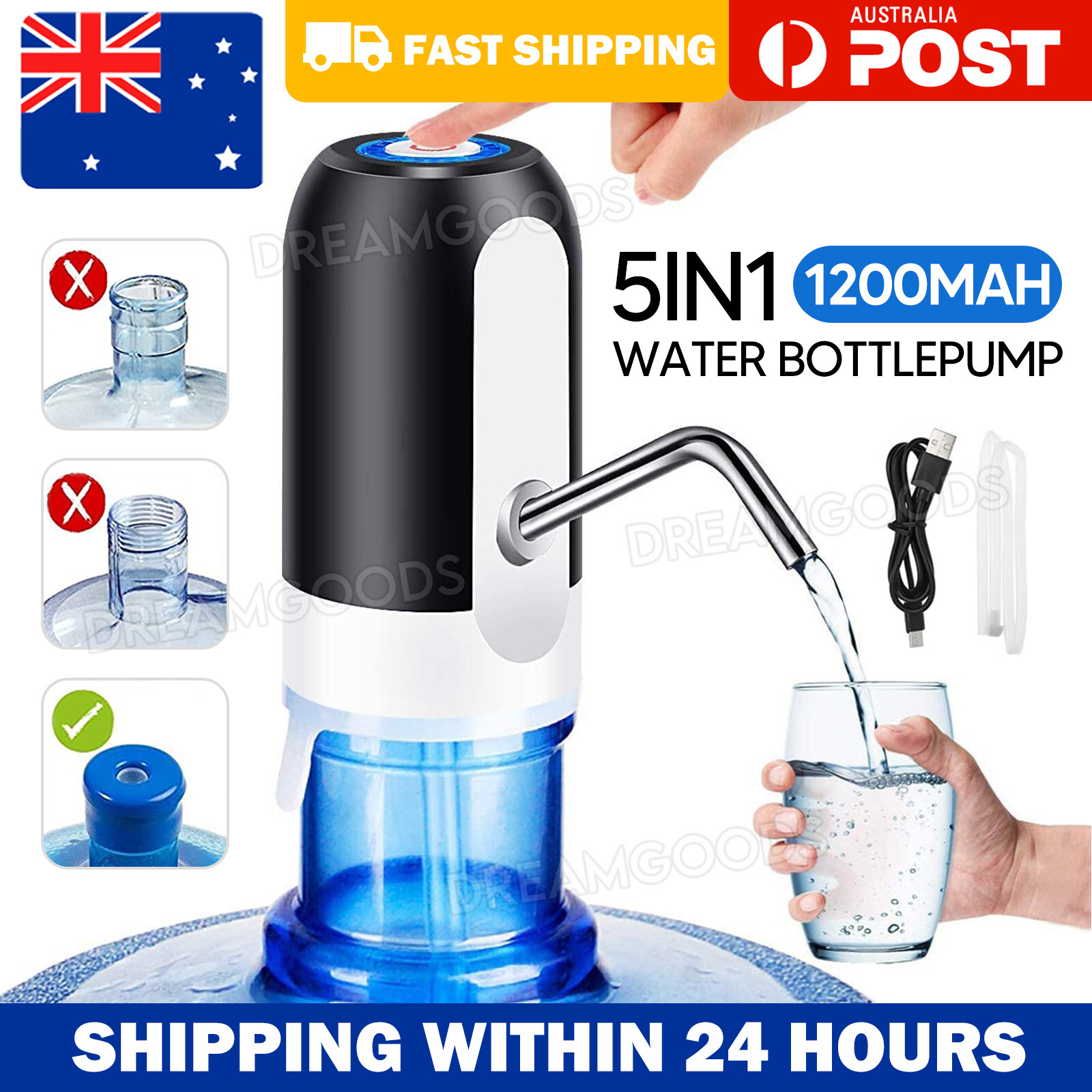 Electric Water Bottle Pump Dispenser USB Rechargeable 1200mAh BPA free Black