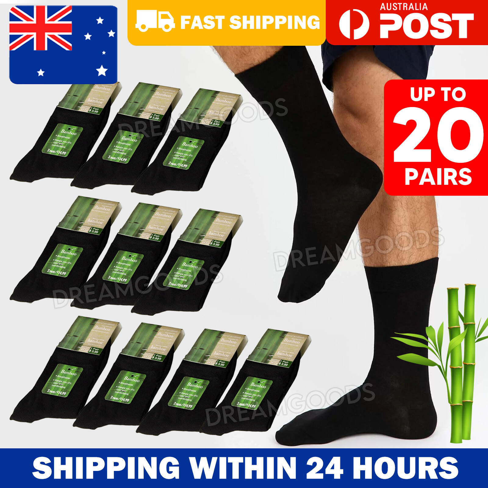 Mens Bamboo Fibre Work Socks Black AU 6-10 Cushion Sweat Resistant Hiking 10X