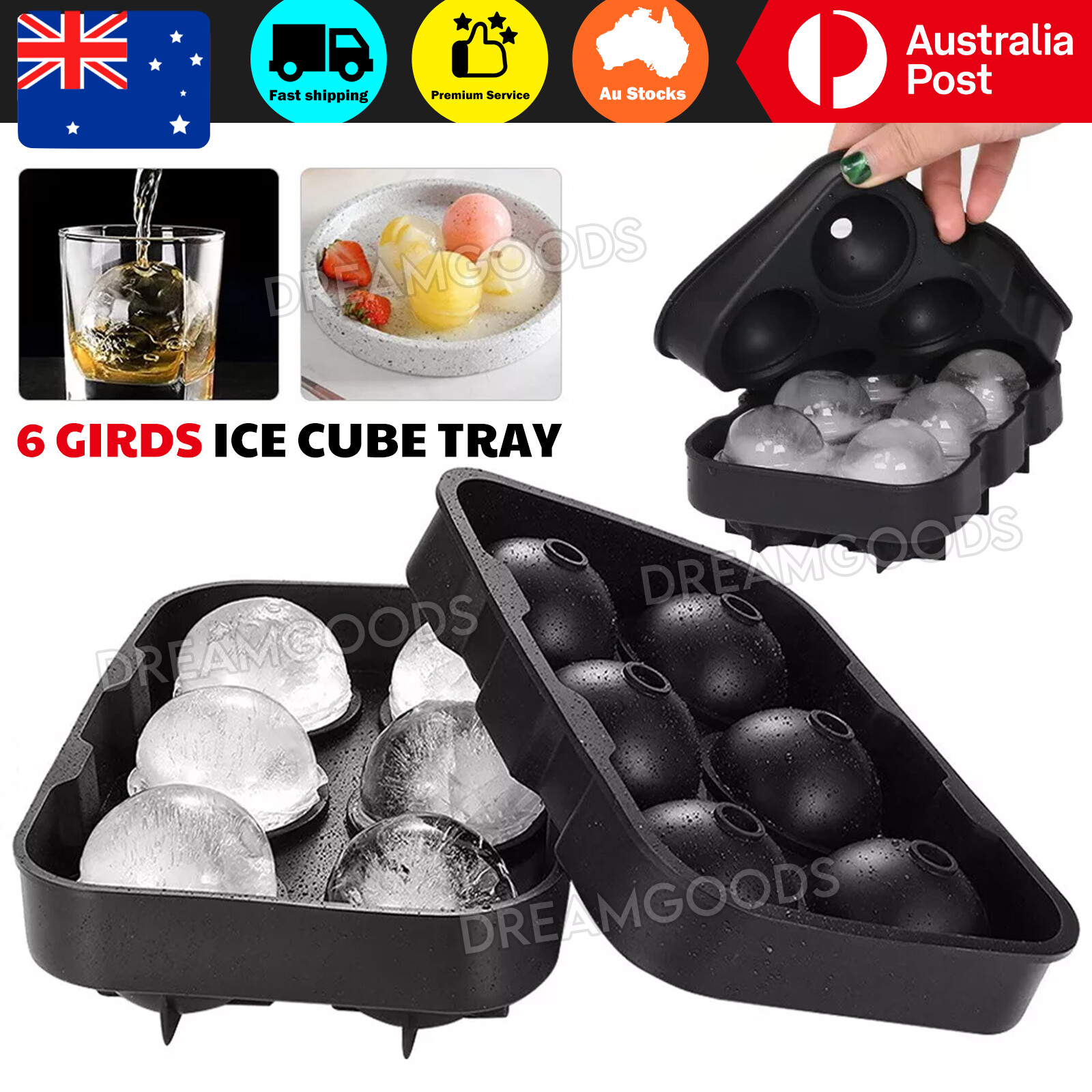 6 Large Sphere Ice Cube Tray Silicone Ball Mould Black 5CM Whiskey Maker