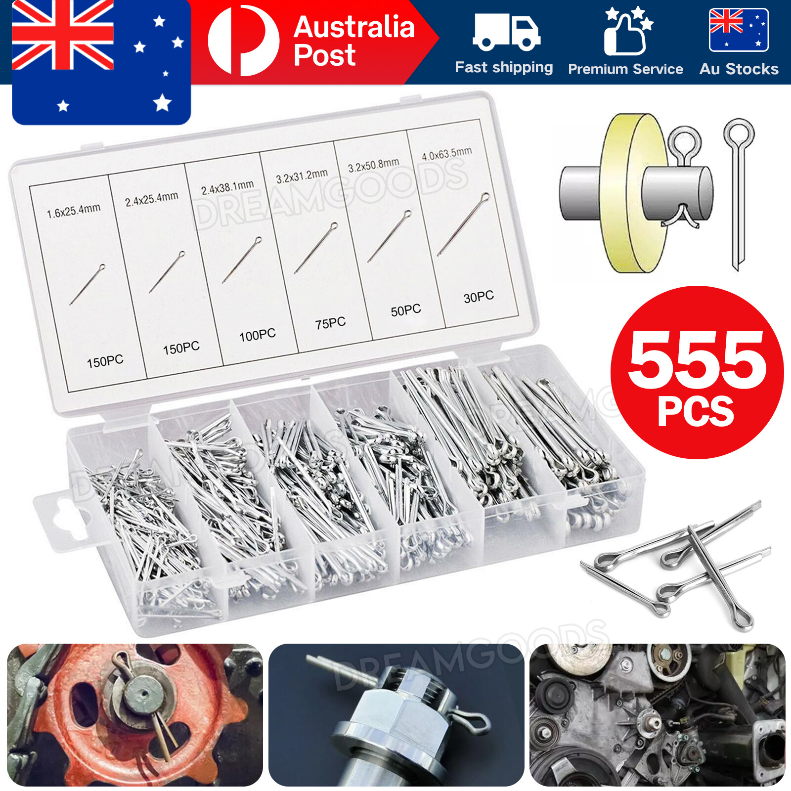 555pc Cotter Pin Assortment Split Pins Kit Zinc plated steel 24x14x3cm Case