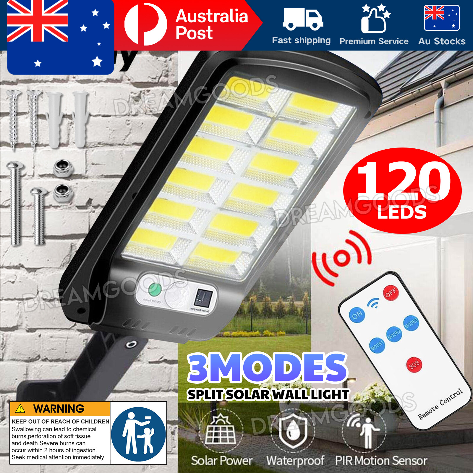 120 LED Solar Wall Light Motion Sensor PIR Remote Control IP65 Outdoor Garden