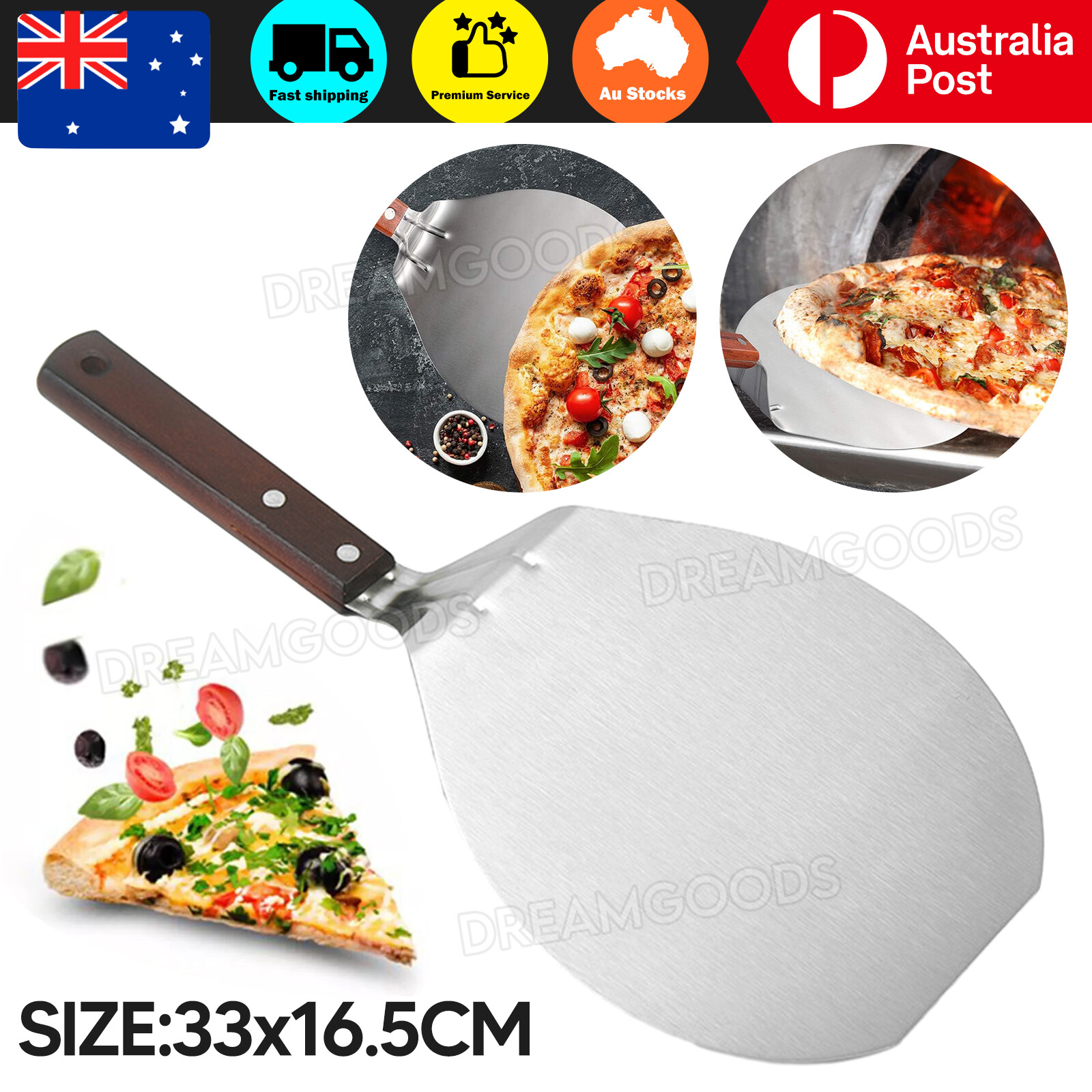 Pizza Shovel Paddle Wooden Handle 430 Stainless Steel Cake 33x16.5cm Silver
